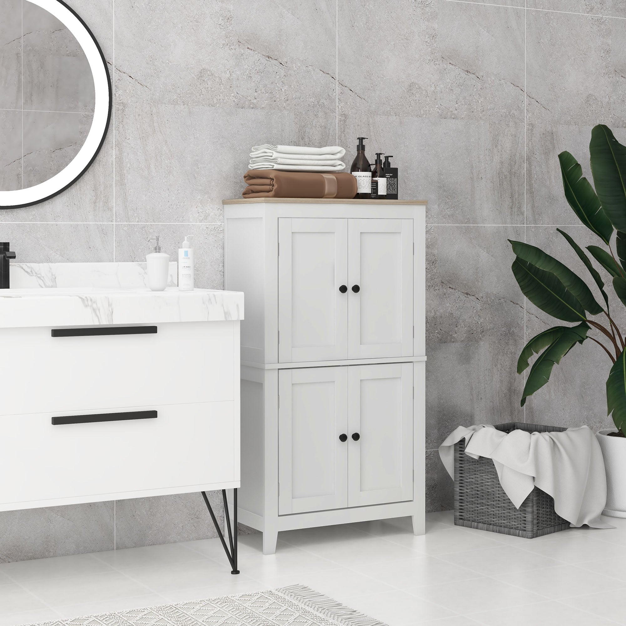 Bathroom Storage Cabinet, Modern Bathroom Floor Cabinet with 4 Doors and 2 Adjustable Shelves, White