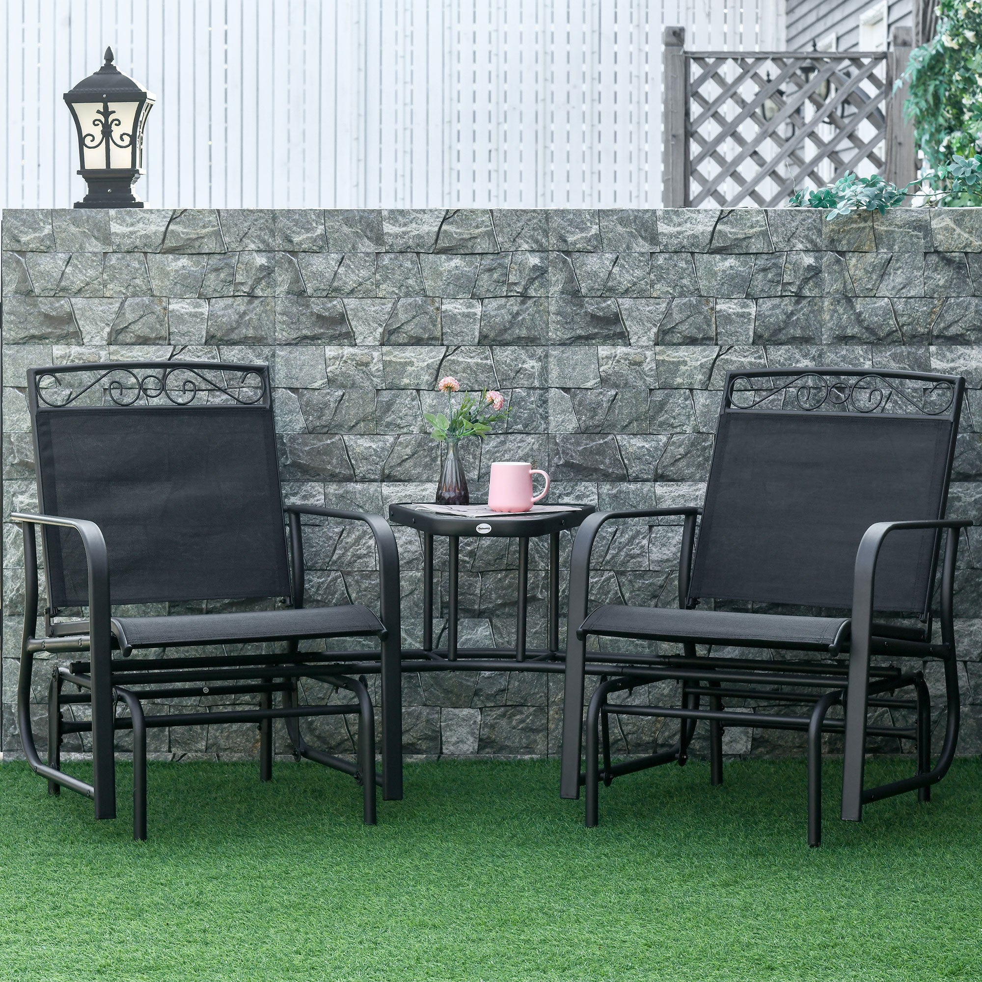 Outdoor Glider Chairs with Coffee Table, Patio 2-Seat Rocking Chair Swing with Breathable Sling for Backyard, Black