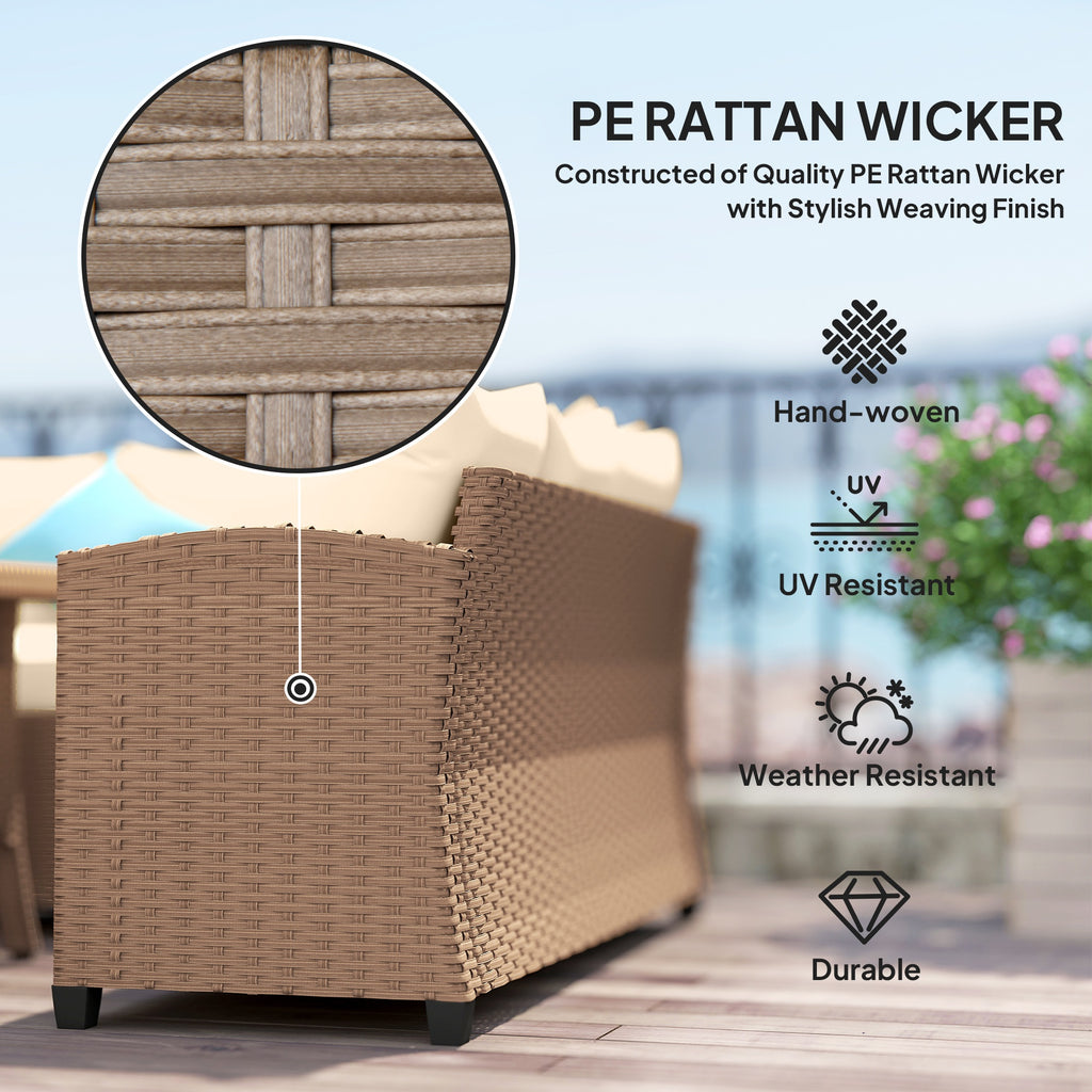 6 Piece Patio Furniture Set, PE Wicker Outdoor Furniture Conversation Set with 3 Sofas, 2 Ottomans and Slatted WPC Top Dining Table, All Weather Sectional Sofa Couch with Pillows, Khaki