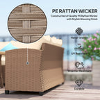 6 Piece Patio Furniture Set, PE Wicker Outdoor Furniture Conversation Set with 3 Sofas, 2 Ottomans and Slatted WPC Top Dining Table, All Weather Sectional Sofa Couch with Pillows, Khaki
