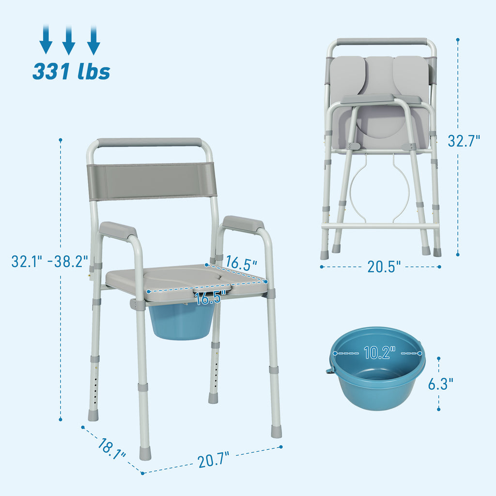 Bedside Commode Chair for Seniors, Adults, Handicap, Raised Toilet Seat with Arm, Adjustable Height, 331 lbs, Gray