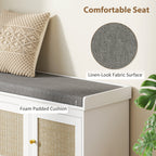 Shoe Storage Bench with Woven Rattan Doors, Shoe Bench with Cushion, Adjustable Shelves, Entryway Bench, White