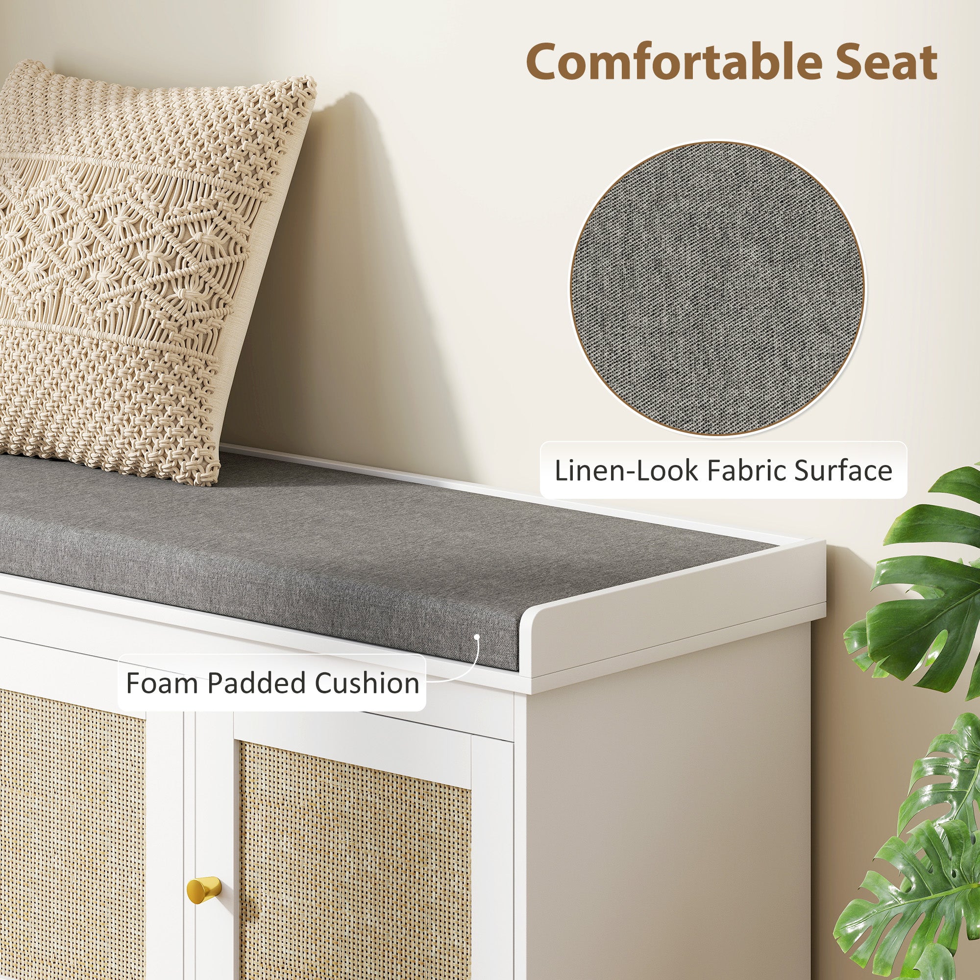 Shoe Storage Bench with Woven Rattan Doors, Shoe Bench with Cushion, Adjustable Shelves, Entryway Bench, White
