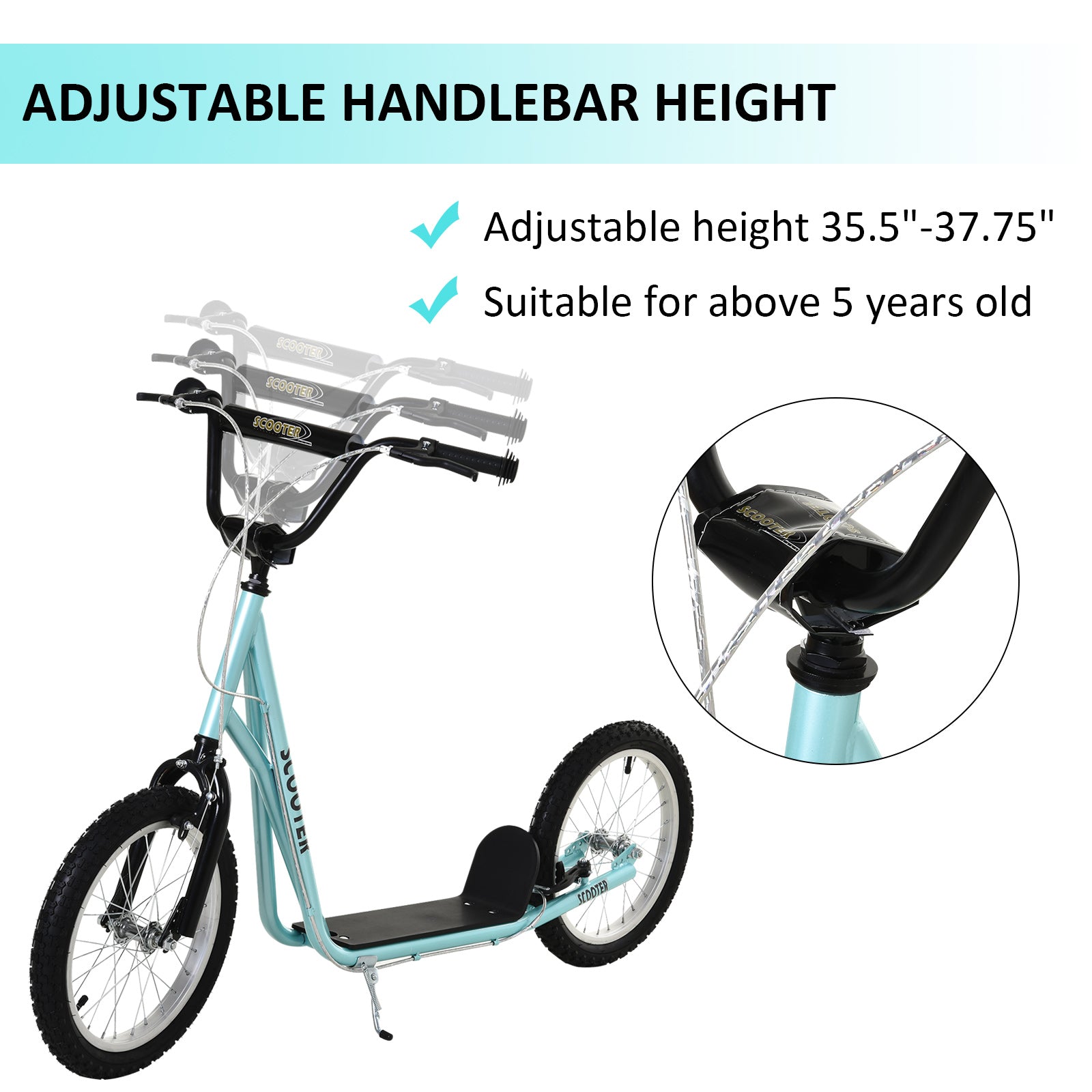 Youth Scooter Kick Scooter for Kids 5+, Max Load 220 LBS., with Adjustable Handlebar, 16" Inflatable Wheels, Dual Brakes, Blue