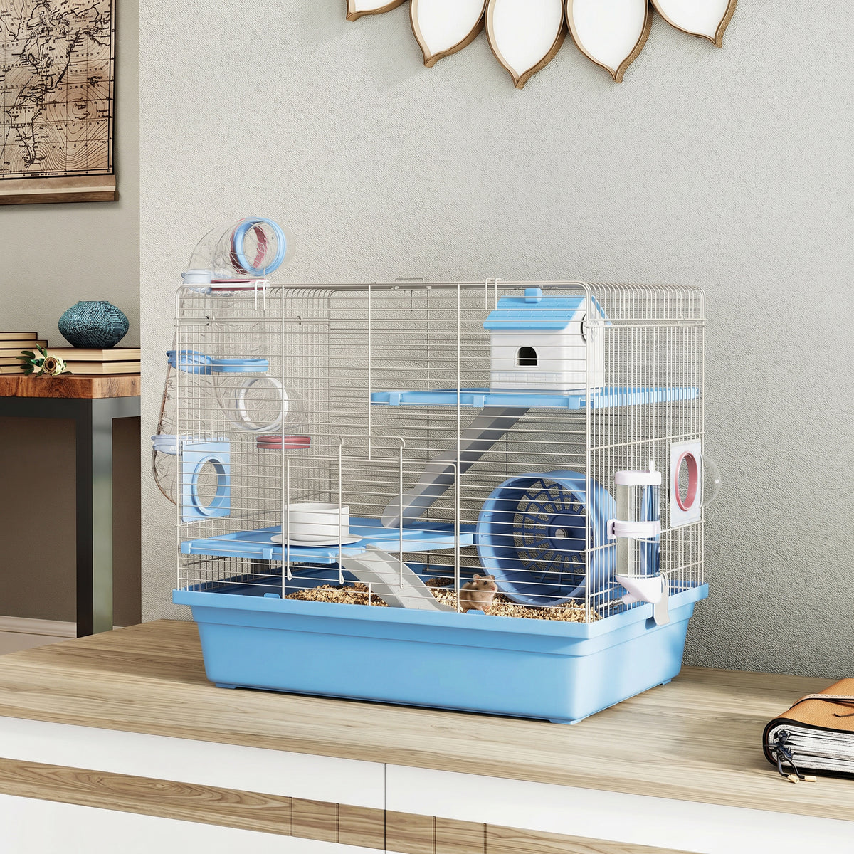 Hamster Cage, 3-Tier Small Animal Cage with Exercise Wheel, Food Bowl, Water Bottle, House, Tunnels, Ramps