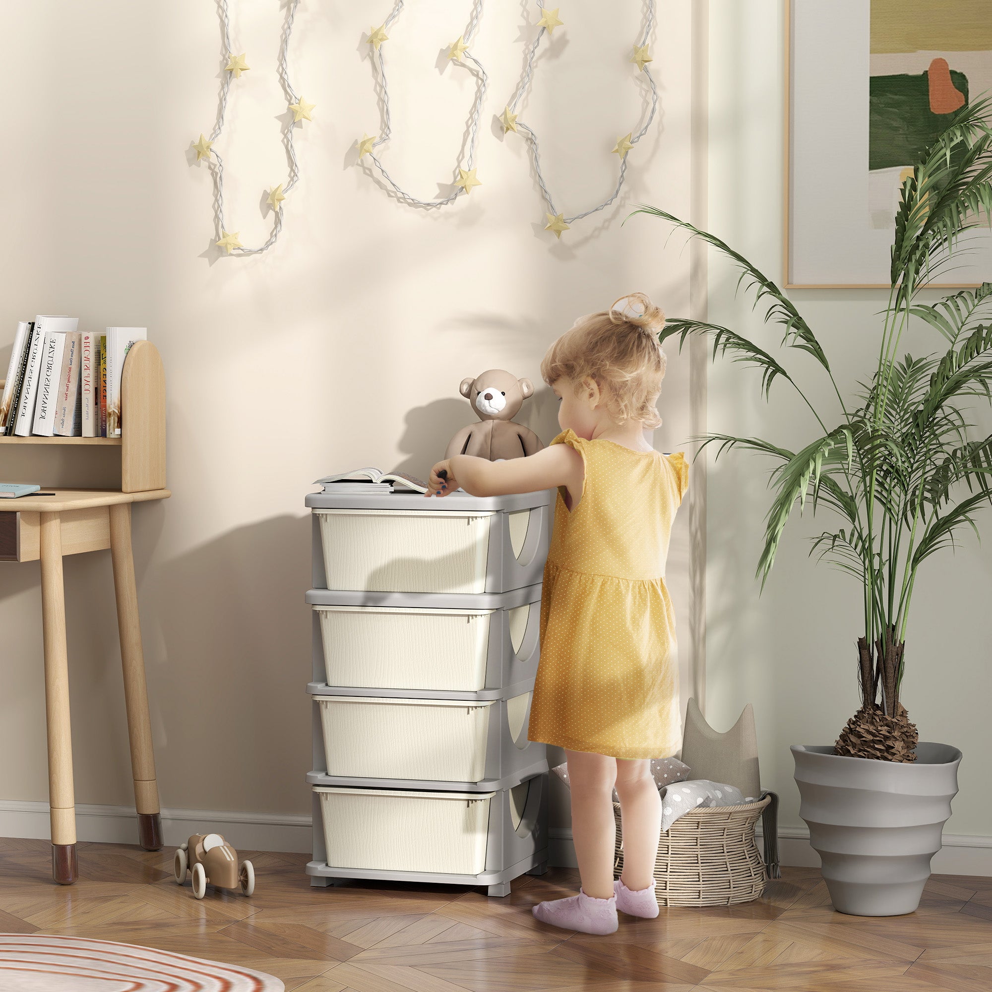 30" 4 Tier Kids Storage Unit Dresser Tower w/ 4 Drawers, Cream White