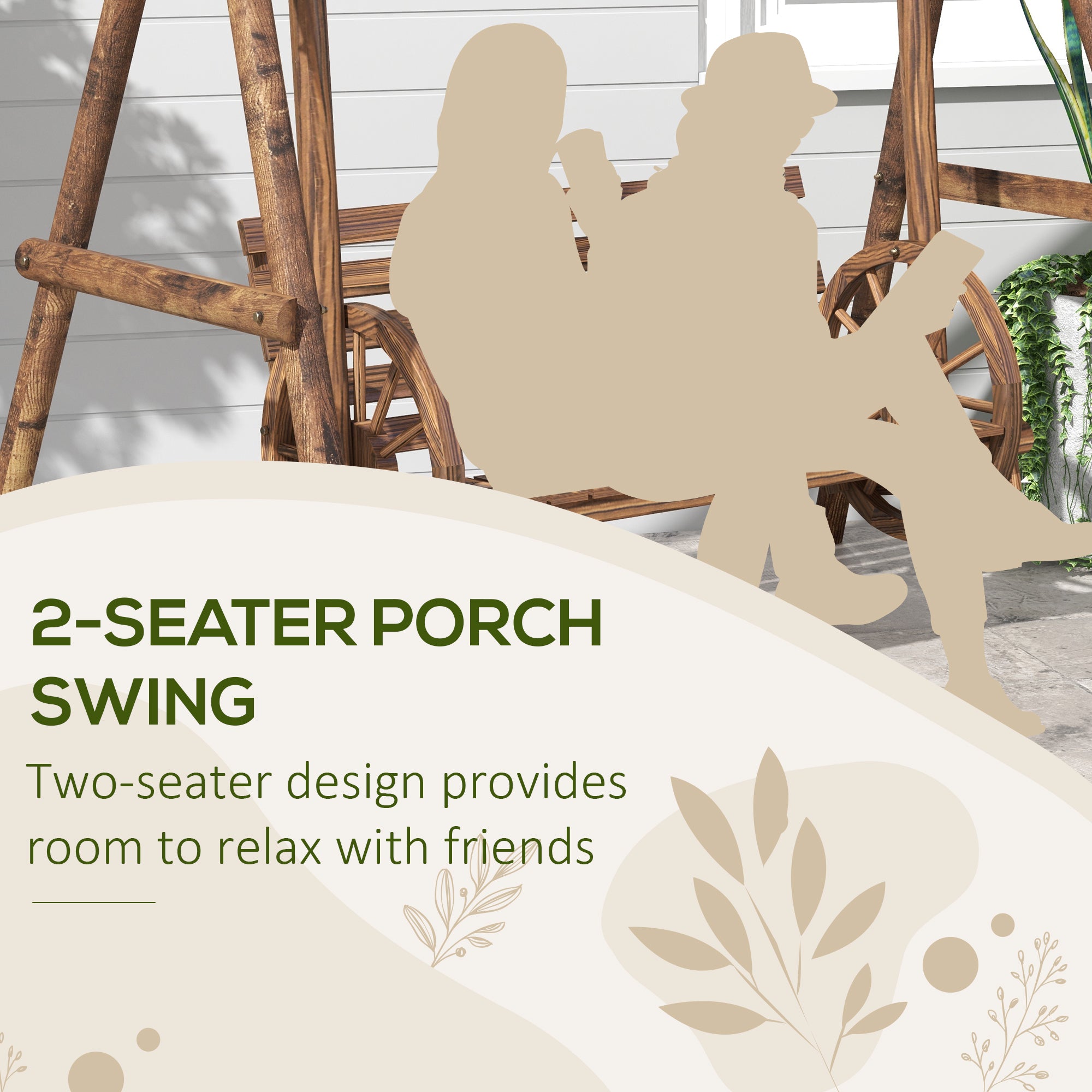 2-Seat Porch Swing with A-Frame Stand, Wooden Log Patio Swing Chair Bench with Wagon Wheel Armrests, Carbonized Brown