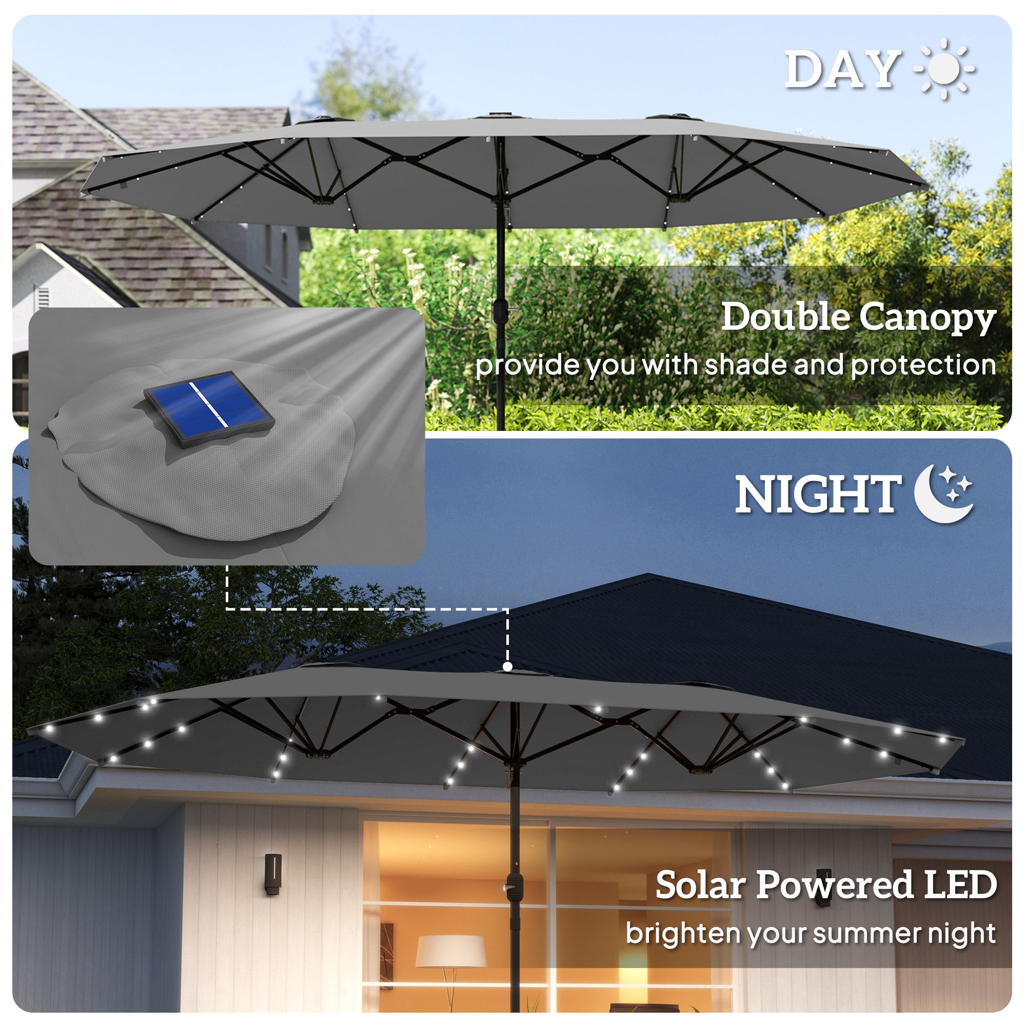 Garden Parasol 14.4ft Double-Sided Sun Umbrella with Base, Patio Parasol with LED Solar Lights, Gray