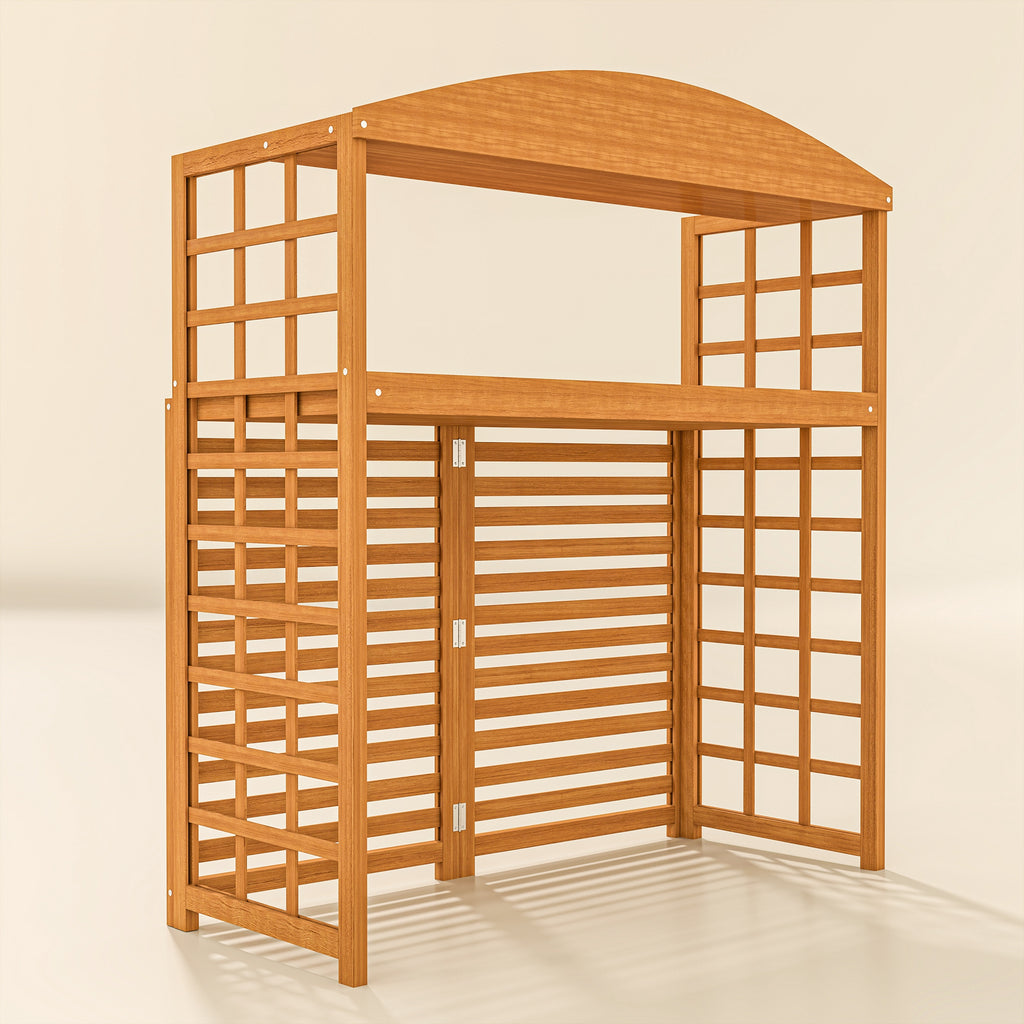 Outdoor Air Conditioner Fence Privacy Screen, Wood AC Fence Potting Table with Shelves for Patio, Light Brown