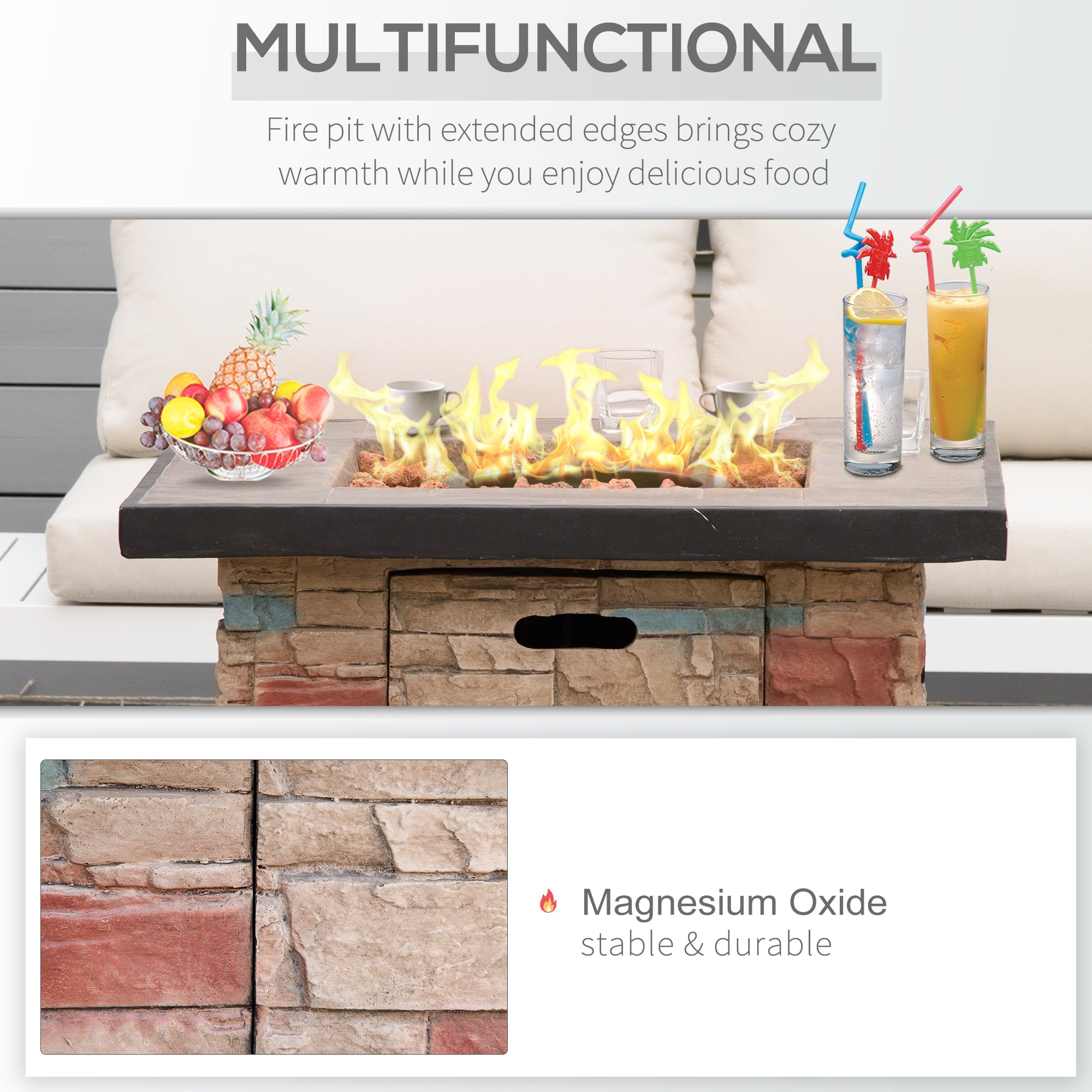32 Inch Outdoor Propane Gas Fire Pit Table, 50,000 BTU Auto-Ignition Square Faux Ledge Stone Gas Firepit with Lava Rocks and Rain Cover, CSA Certification, Brown