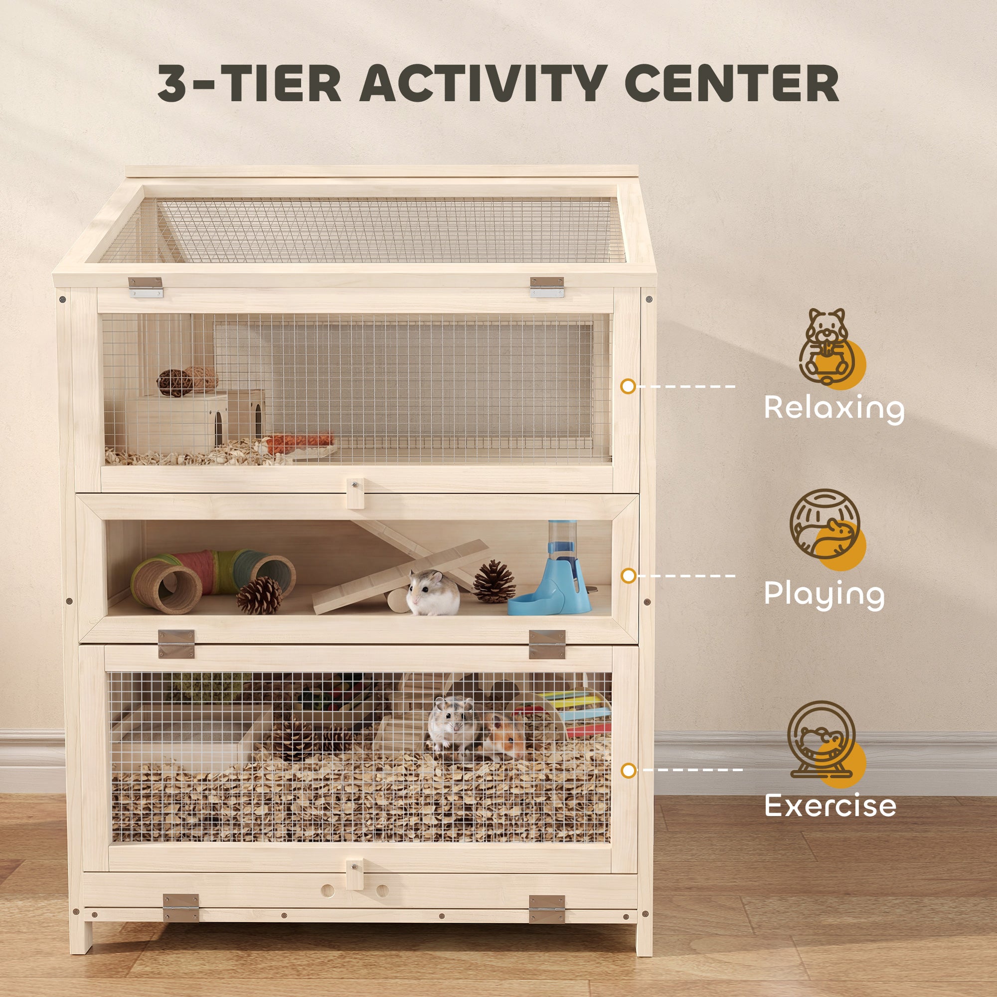 Wooden Hamster Cage, Large 3 Tier Hamster Cage w/ Pull-Out Tray, Openable Top, Hut, Seesaws, 26.8"L x 24.2"W x 35.4"H