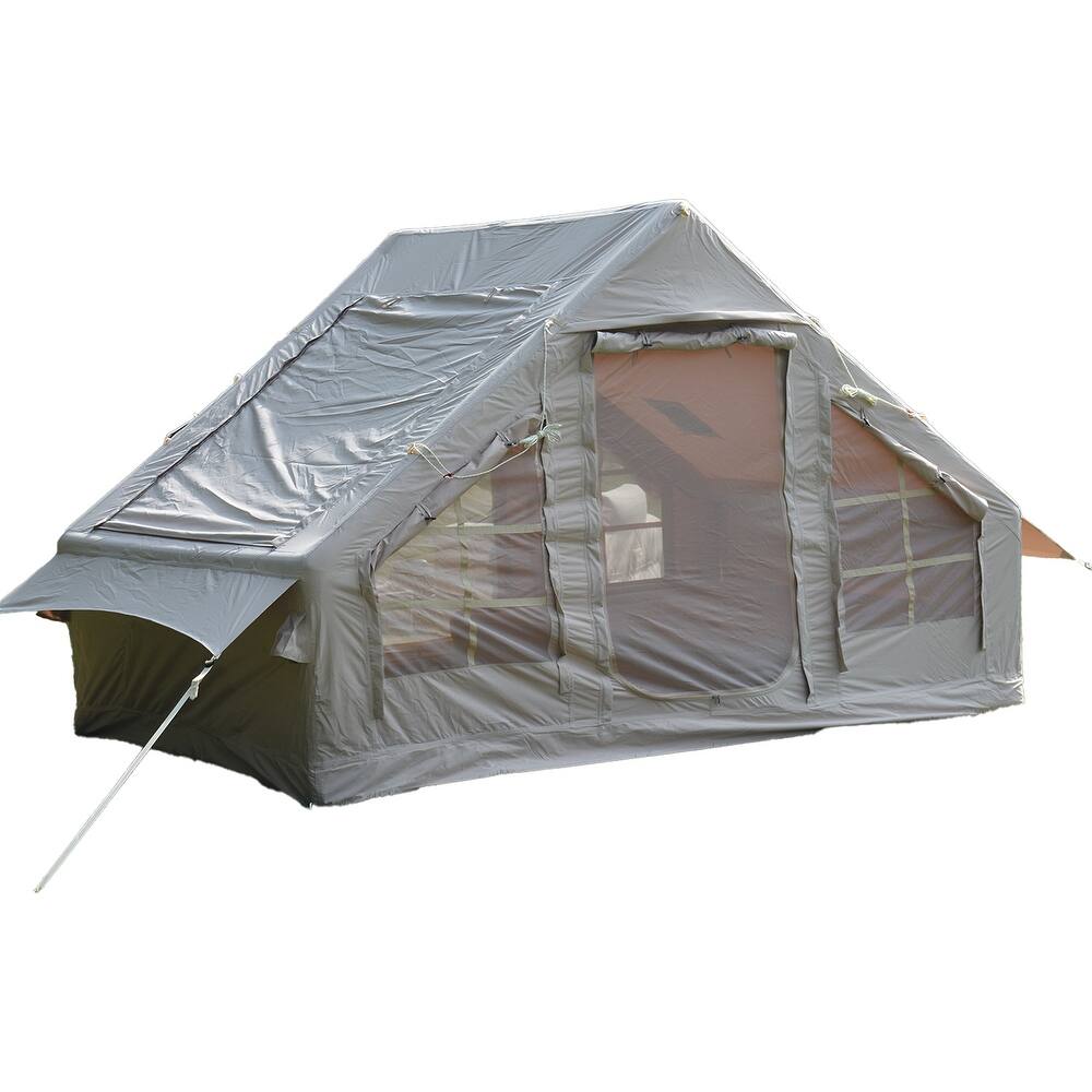 Inflatable Camping Tent with Hand Pump & Inflatable Beam Frame, Waterproof Cabin Tent for 4-8 People, 157.5″ L x 118″ W x 78.5″ H, Beige