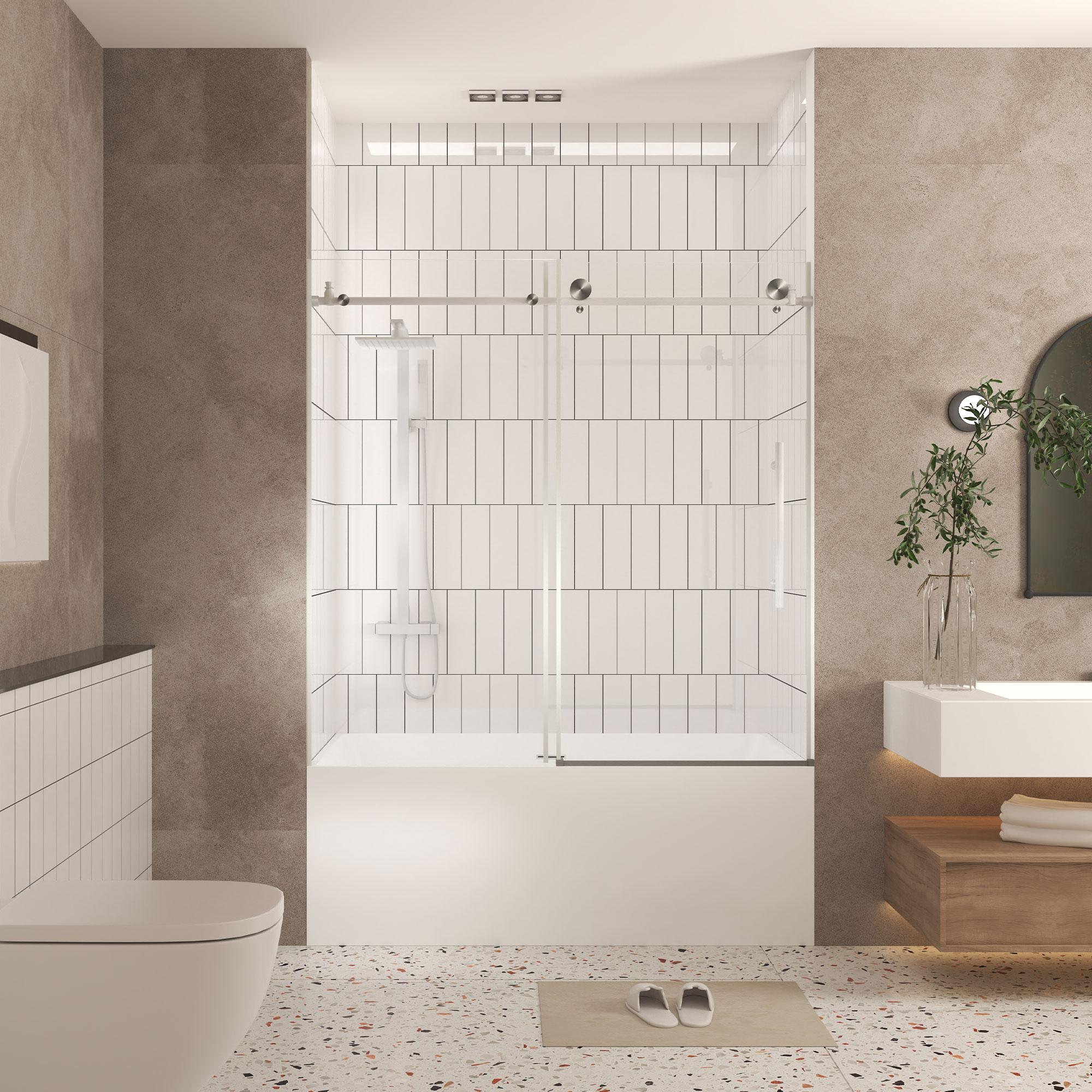 Frameless Sliding Shower Door with Smooth Quiet Stainless Steel Rollers & Round Tracks, Panel for Bathroom, 60" L x 0.5" W x 60" H, Brushed Nickel