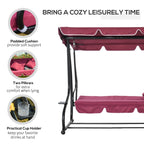 3-Seat Outdoor Patio Swing Chair, Converting Flatbed, Outdoor Swing Glider with Adjustable Canopy, Removable Cushion and Pillows, for Porch, Garden, Poolside, Backyard, Red