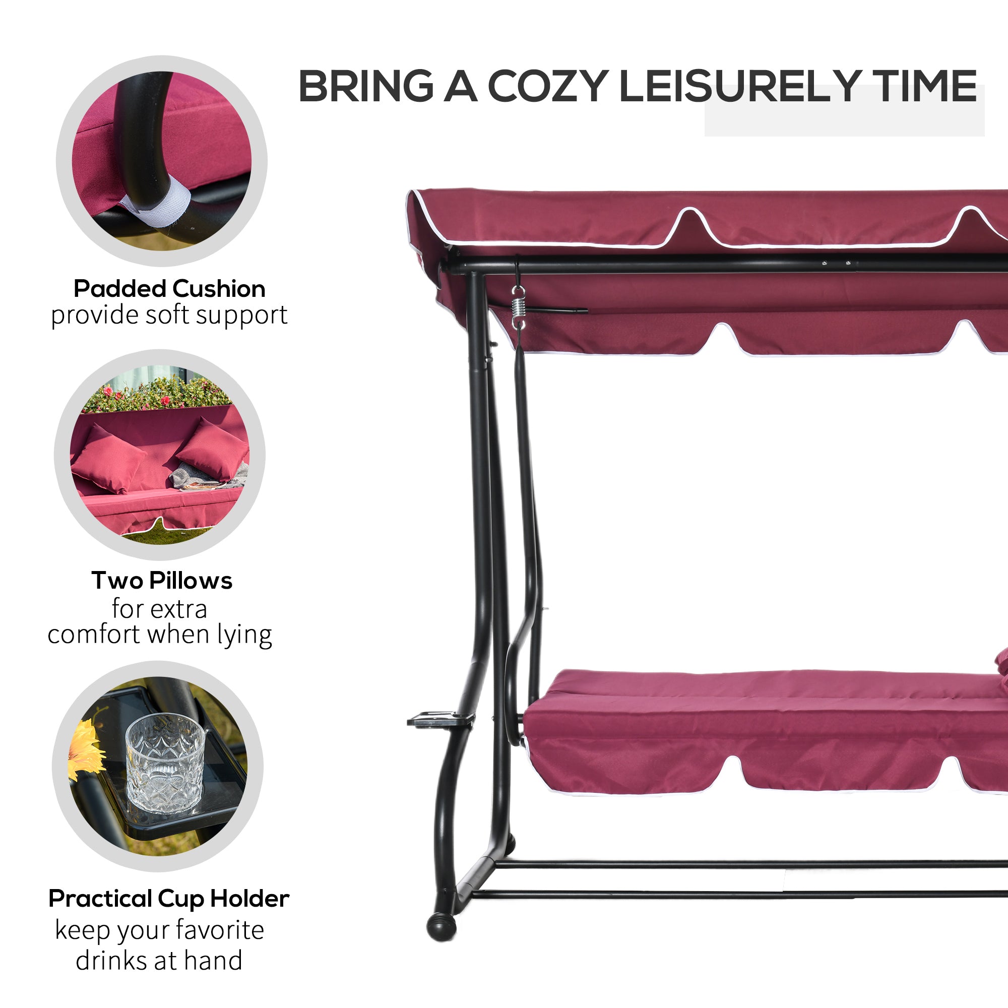 3-Seat Outdoor Patio Swing Chair, Converting Flatbed, Outdoor Swing Glider with Adjustable Canopy, Removable Cushion and Pillows, for Porch, Garden, Poolside, Backyard, Red