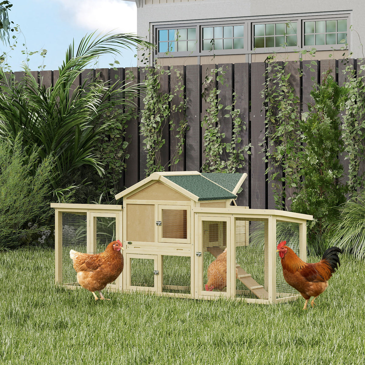 Wooden Chicken Coop ith Nesting Box, Double Runs, Removable Tray, Ramp, for Garden Backyard