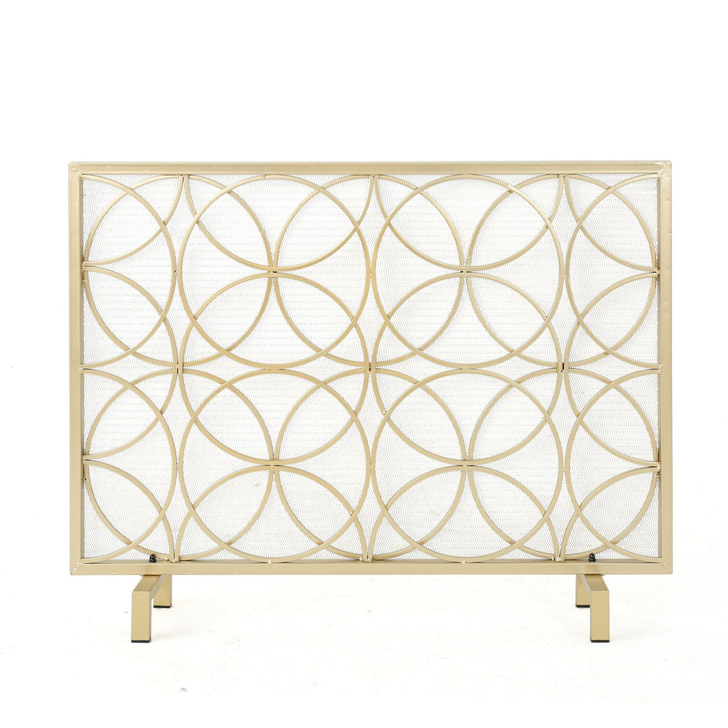Stylish Single Panel Iron Fireplace Screen With Durable Iron Frame, Modern Overlapping Circle Design, 41.1" L x 9.25" W x 31.1" H, Gold