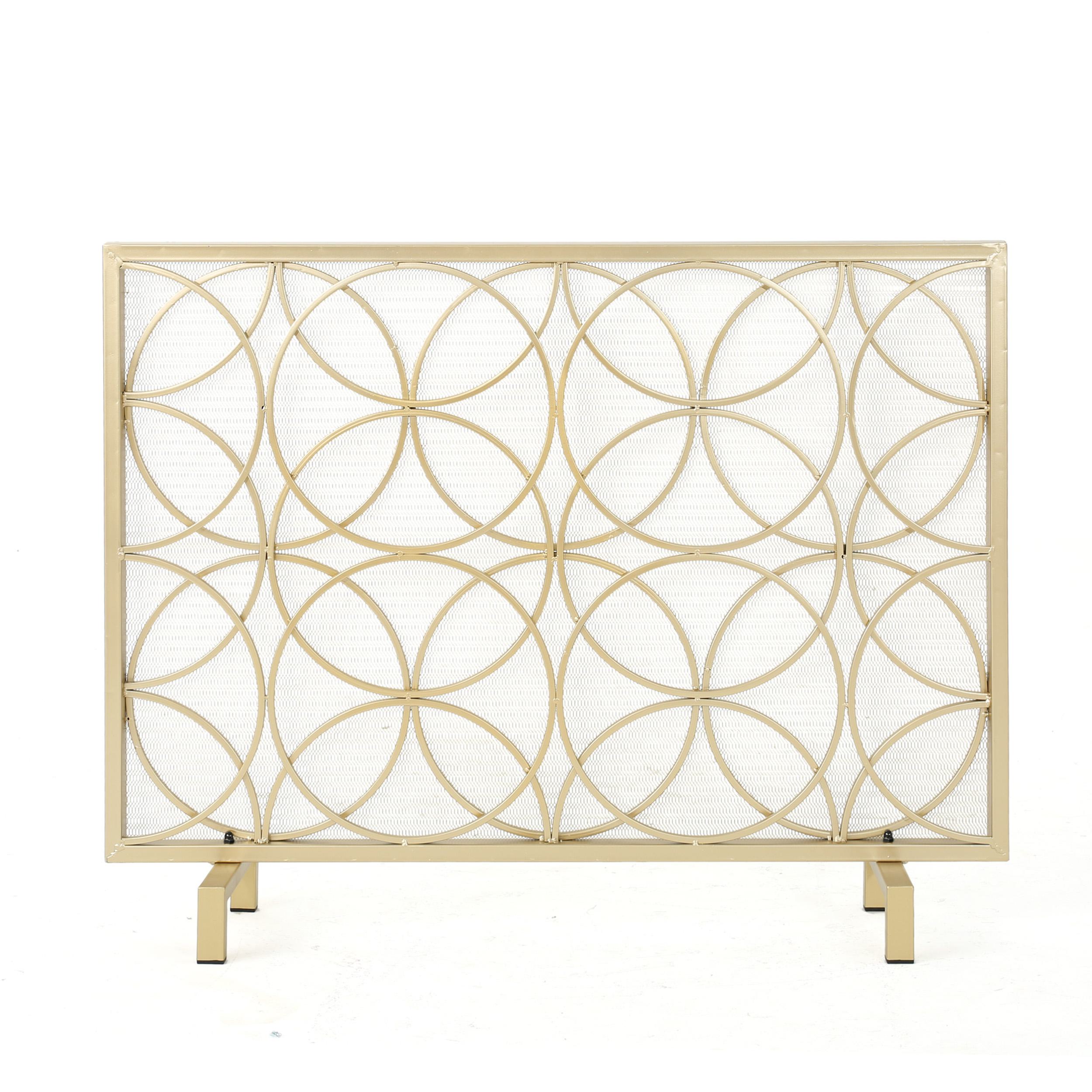 Stylish Single Panel Iron Fireplace Screen With Durable Iron Frame, Modern Overlapping Circle Design, 41.1" L x 9.25" W x 31.1" H, Gold
