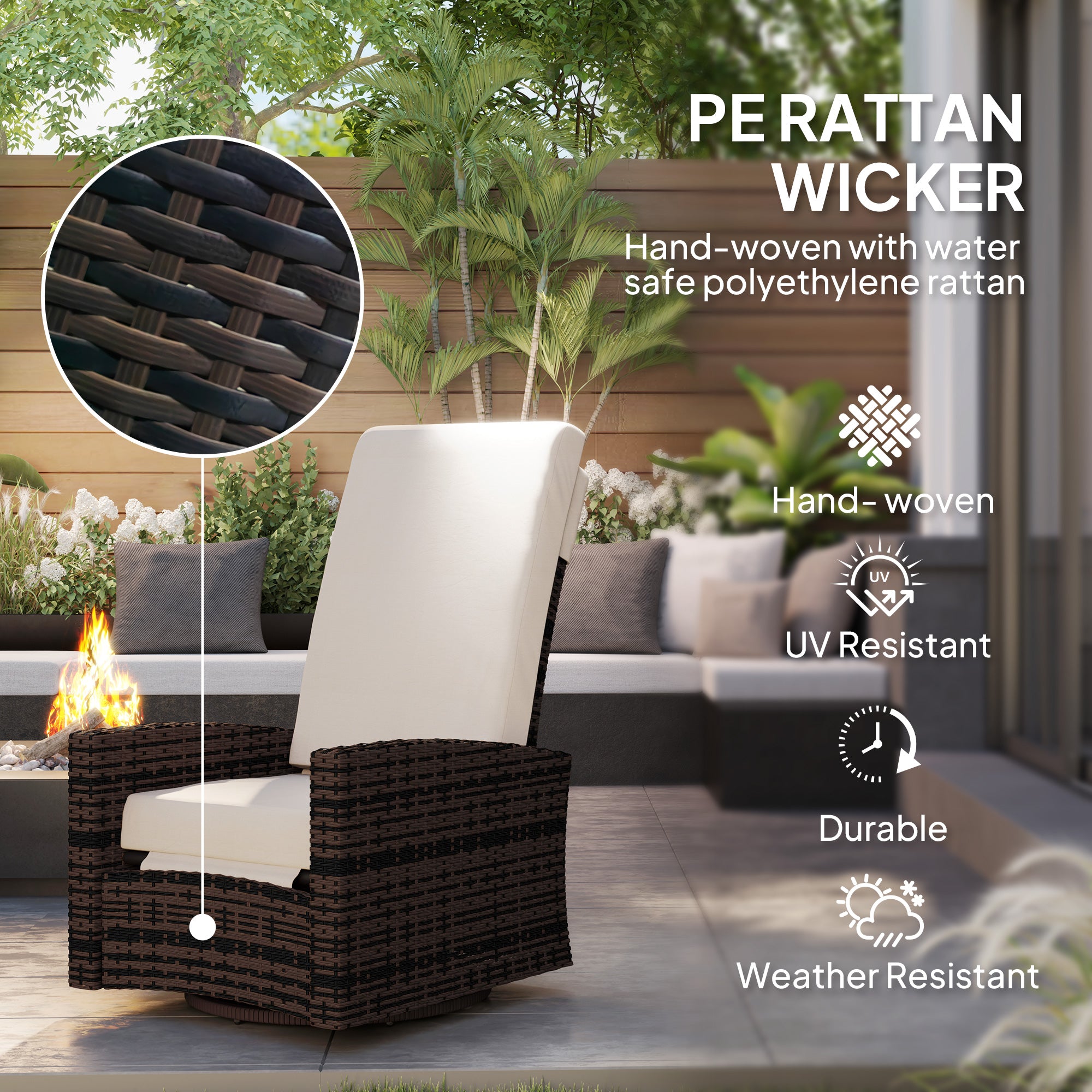 Outdoor Wicker Swivel Recliner Chair, Lifting Footrest, 360° Rotating Basic, Water-resistant Cushions, Khaki