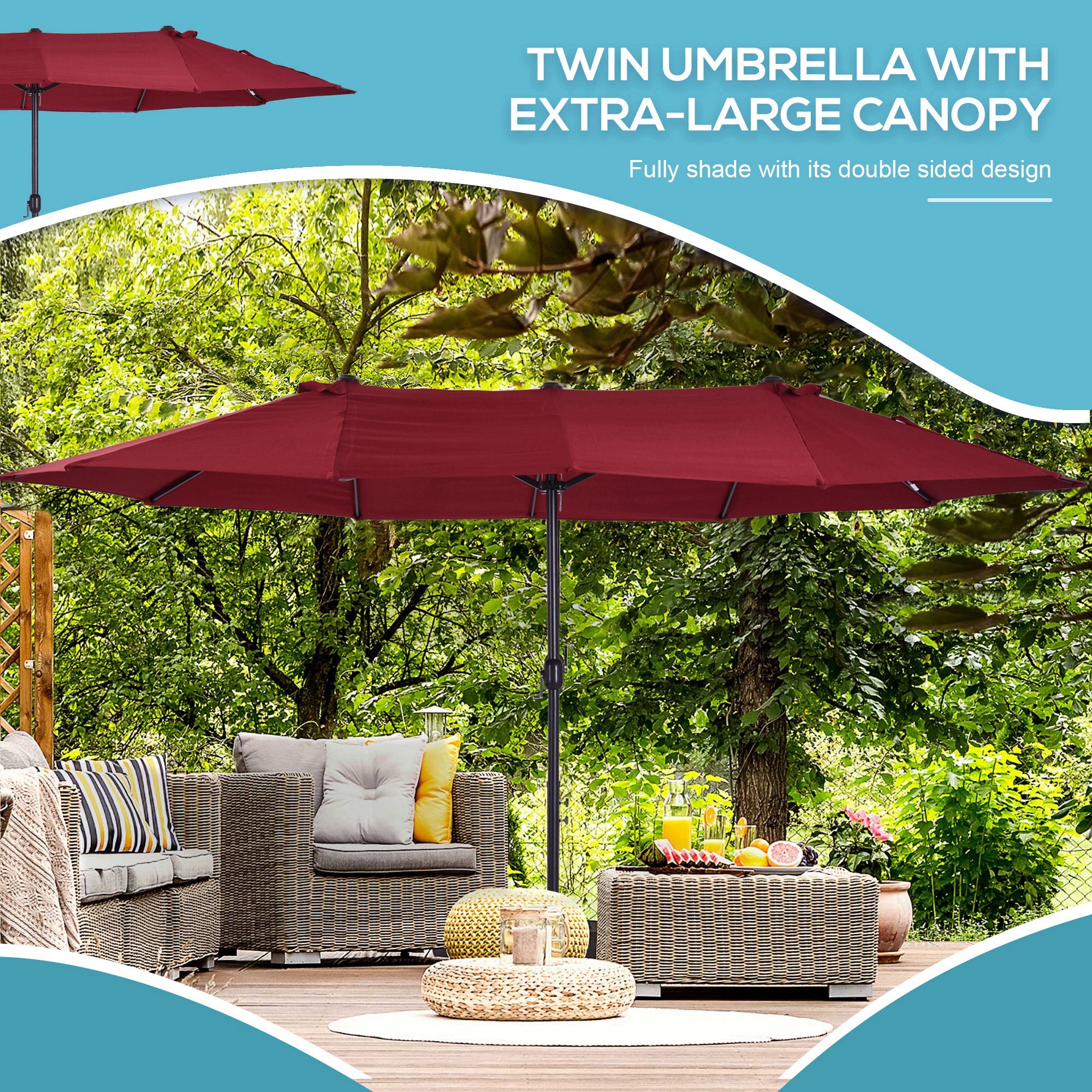 Extra Large 15 ft Patio Umbrella, Double-Sided Wide Outdoor Umbrella with Crank Handle and Air Vents for Backyard, Deck, Pool, Market, Wine Red