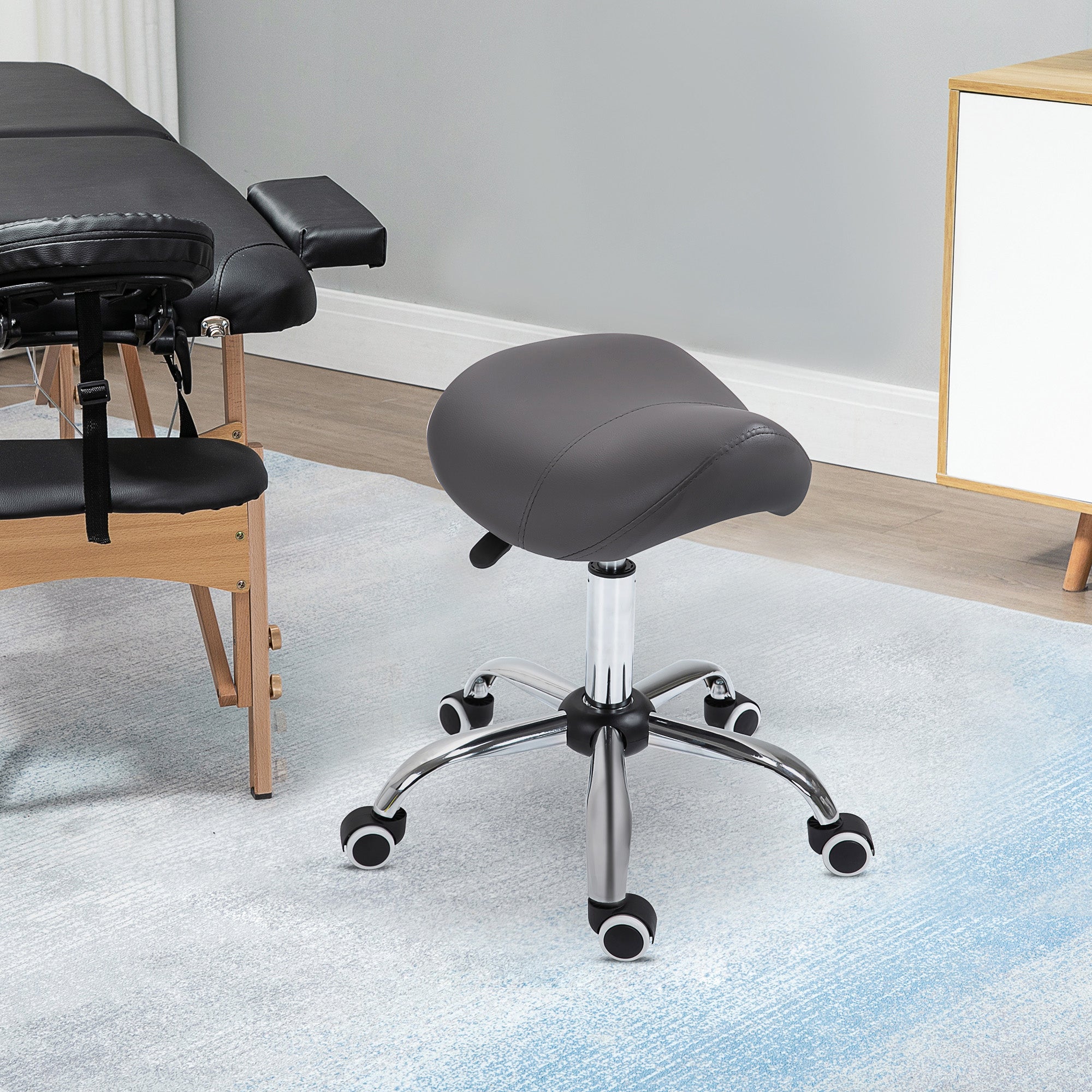 Ergonomic Rolling Saddle Stool PU Leather Hydraulic Spa Stool Height Adjustable Swivel Drafting Salon Chair, Gray
