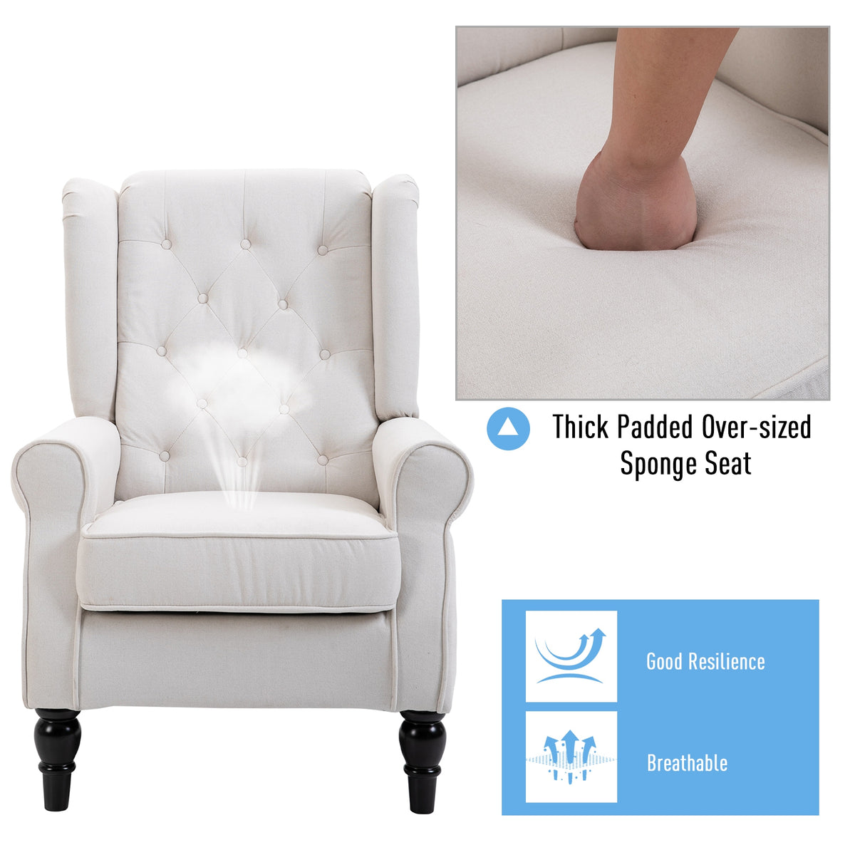 Button-Tufted Accent Chair with High Wingback, Rounded Cushioned Armrests and Thick Padded Seat, Set of 2, Cream White