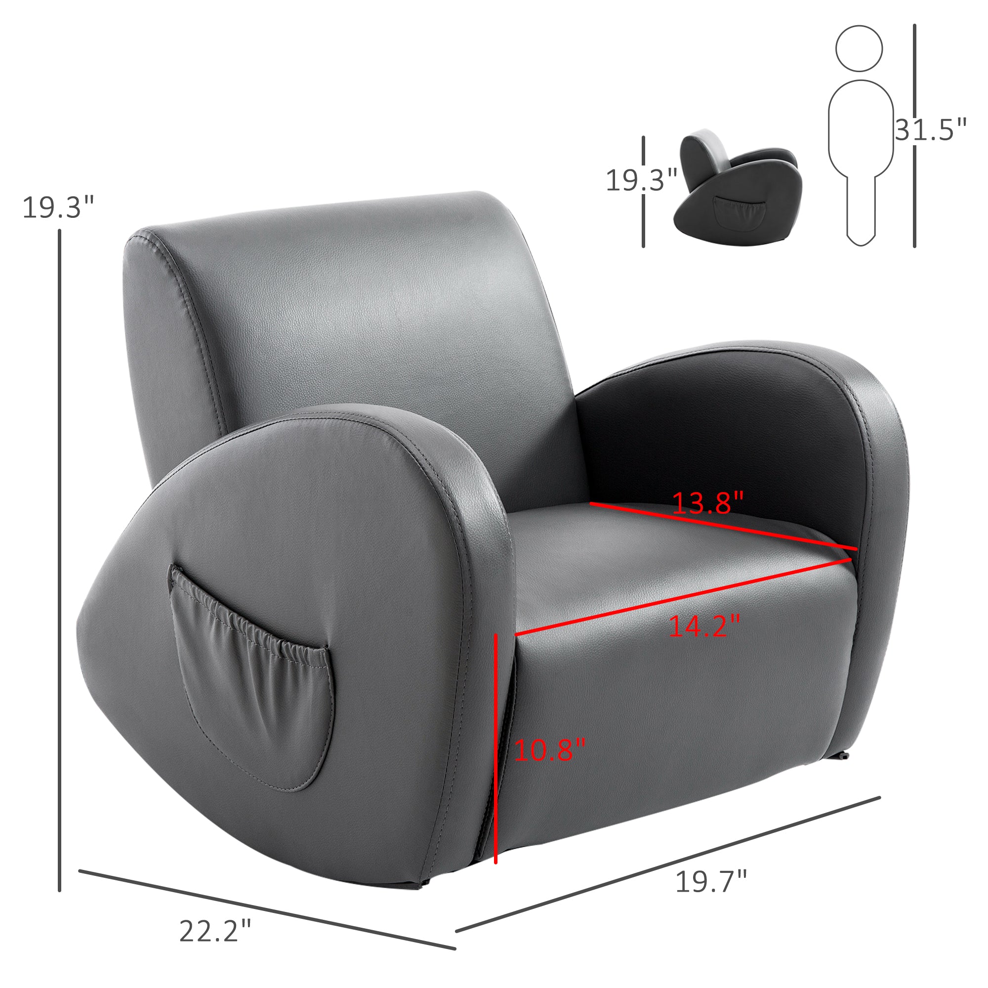Kids Sofa Rocking Chair with Side Pocket, PU Leather Toddler Armchair for Children Grey