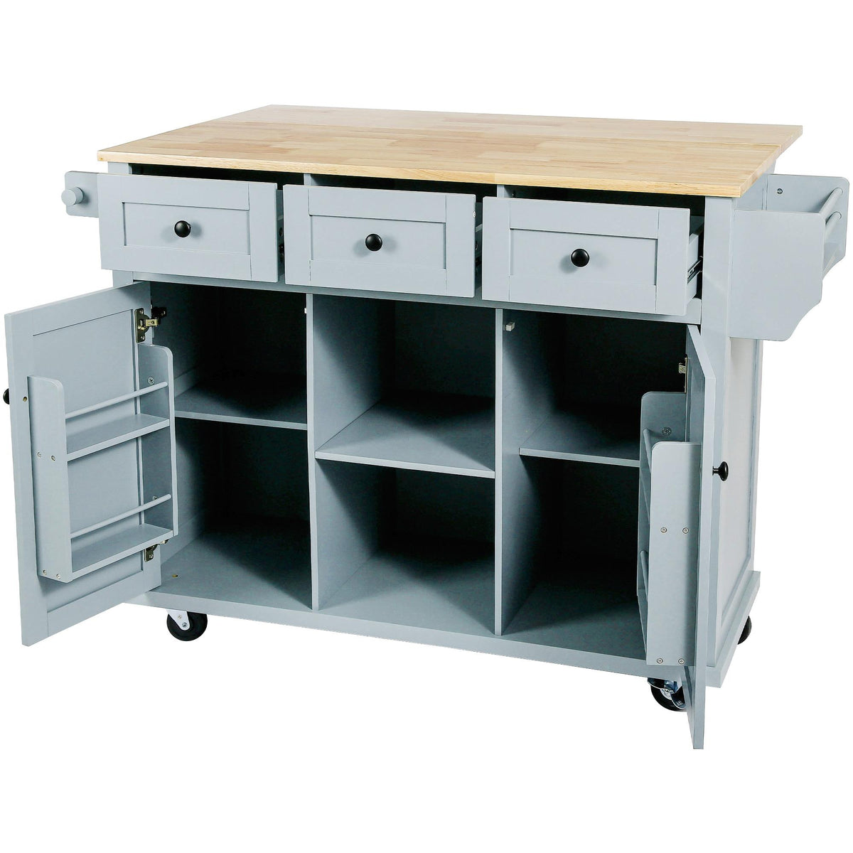 Kitchen Cart with Wood Drop-Leaf Countertop, Internal Storage Racks, Utility Island with Cabinets and Drawers, 53" L x 29.5" W x 37" H, Blue
