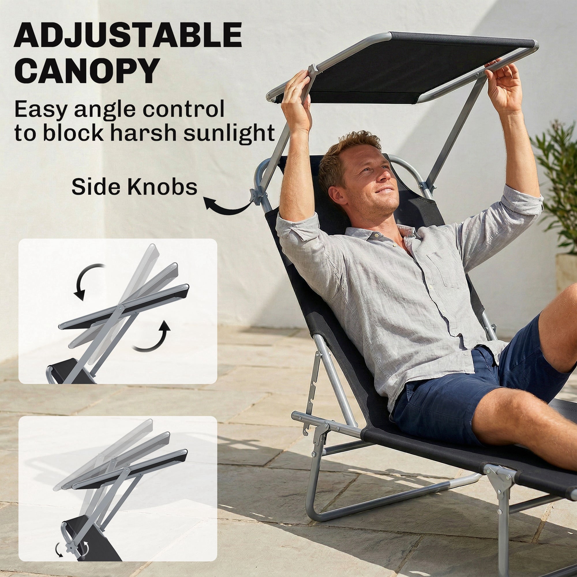 Outdoor Pool Chaise Lounge Chair, Folding Tanning Chair with Sun Shade, Black