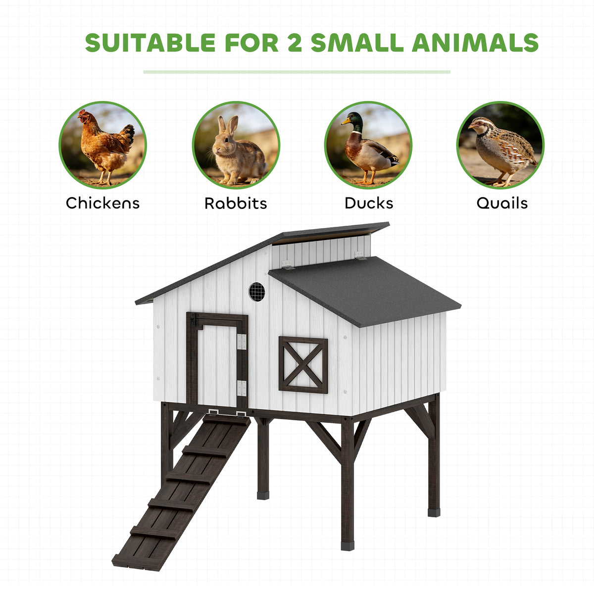 Chicken Coop Hen House with Nesting Box, Elevated Rabbit Hutch with Ramp, Asphalt Openable Roof and Elevated Legs