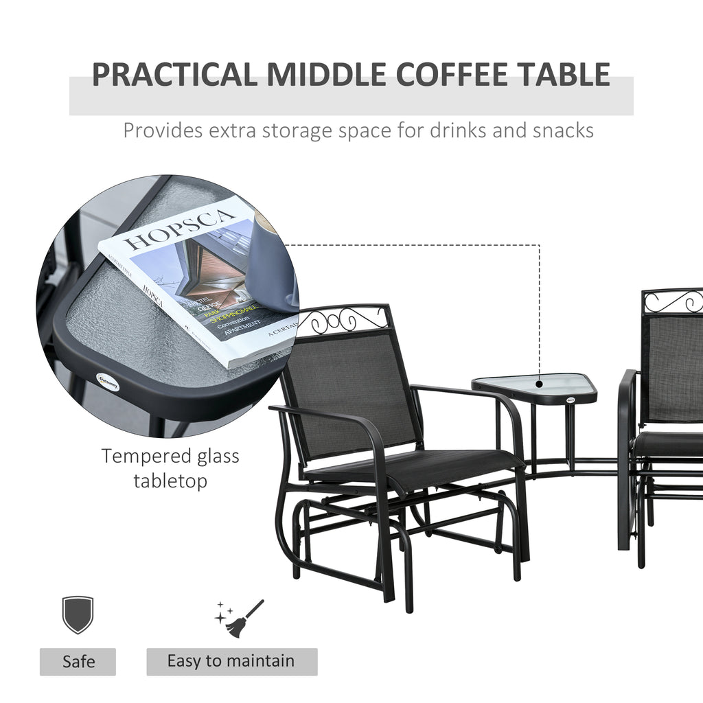 Outdoor Glider Chairs with Coffee Table, Patio 2-Seat Rocking Chair Swing with Breathable Sling for Backyard, Black