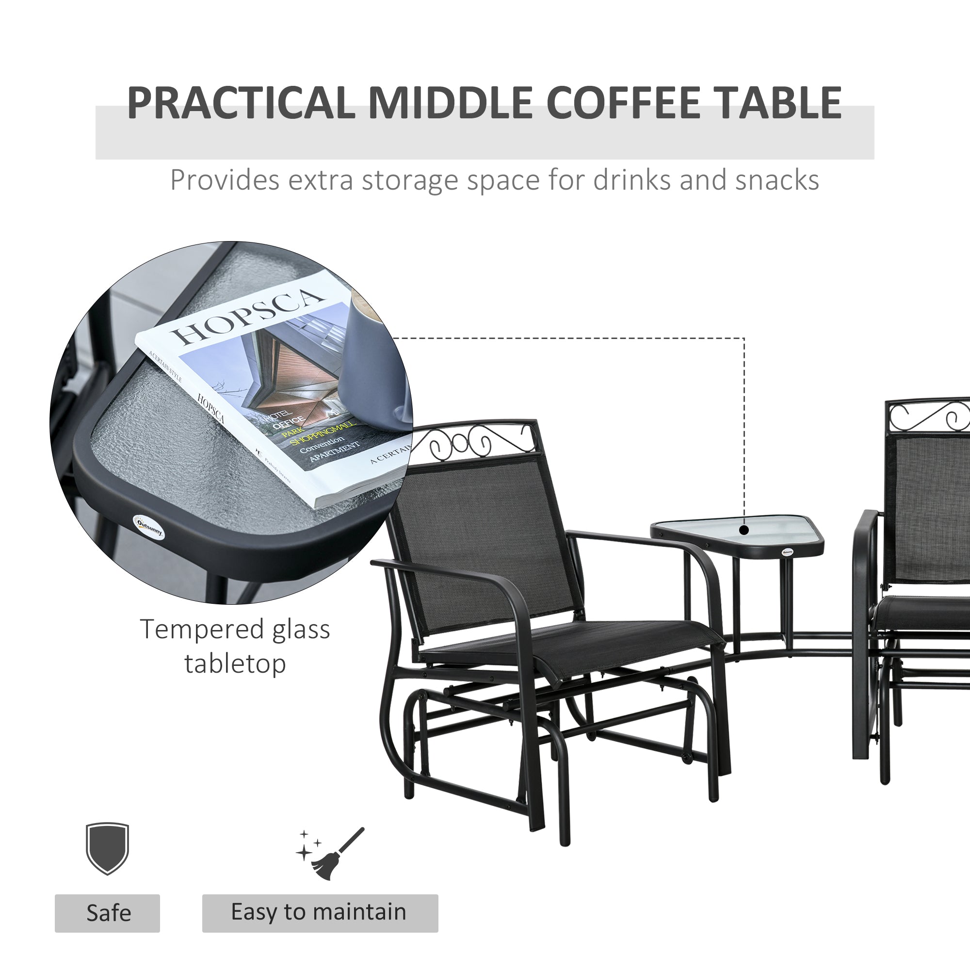 Outdoor Glider Chairs with Coffee Table, Patio 2-Seat Rocking Chair Swing with Breathable Sling for Backyard, Black