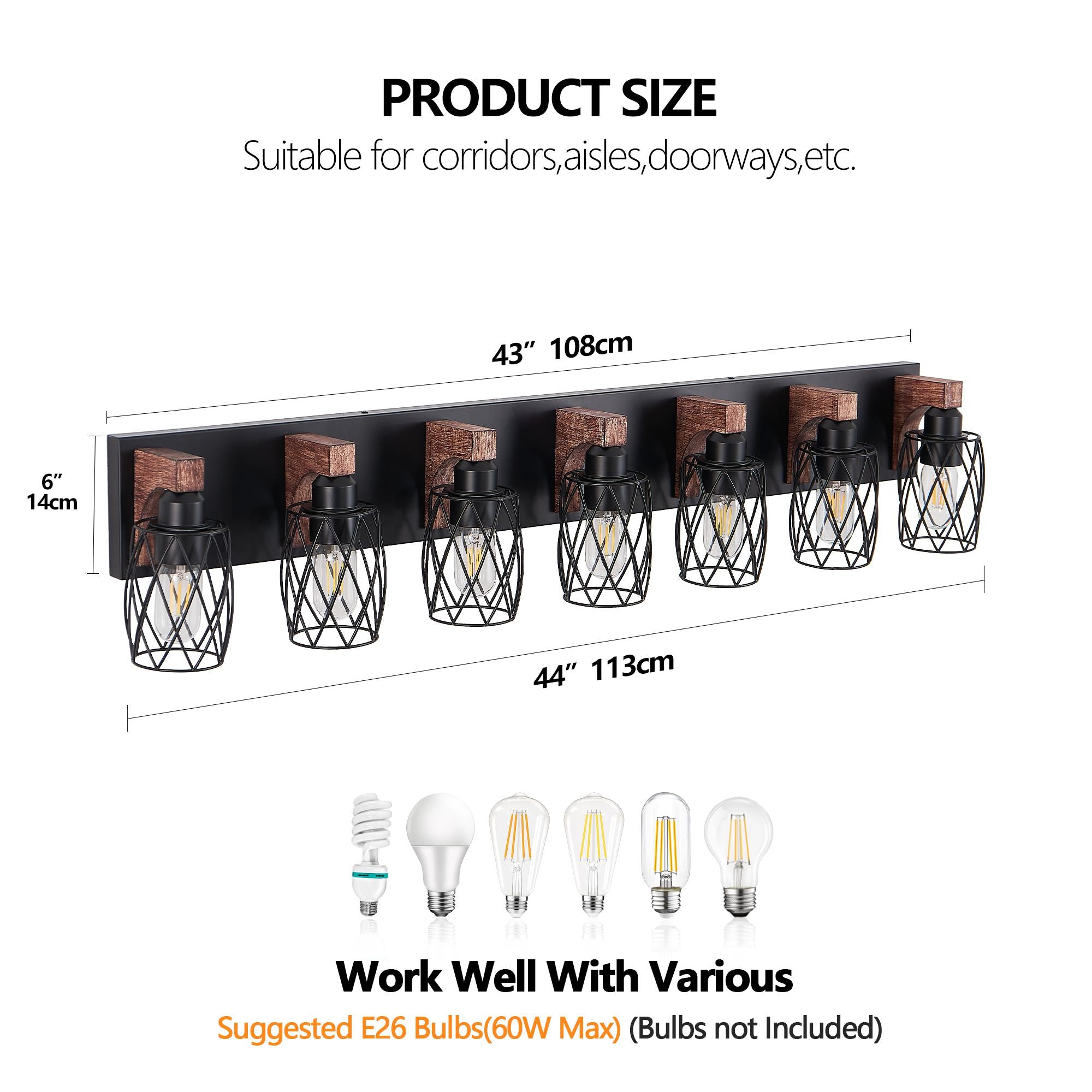 Industrial 7-Light Wall Sconce with Metal Wire Cage Shades, Wooden Accents, Ideal for Bathroom, Hallway, 44" L x 6" W x 8.5" H, Walnut+Black