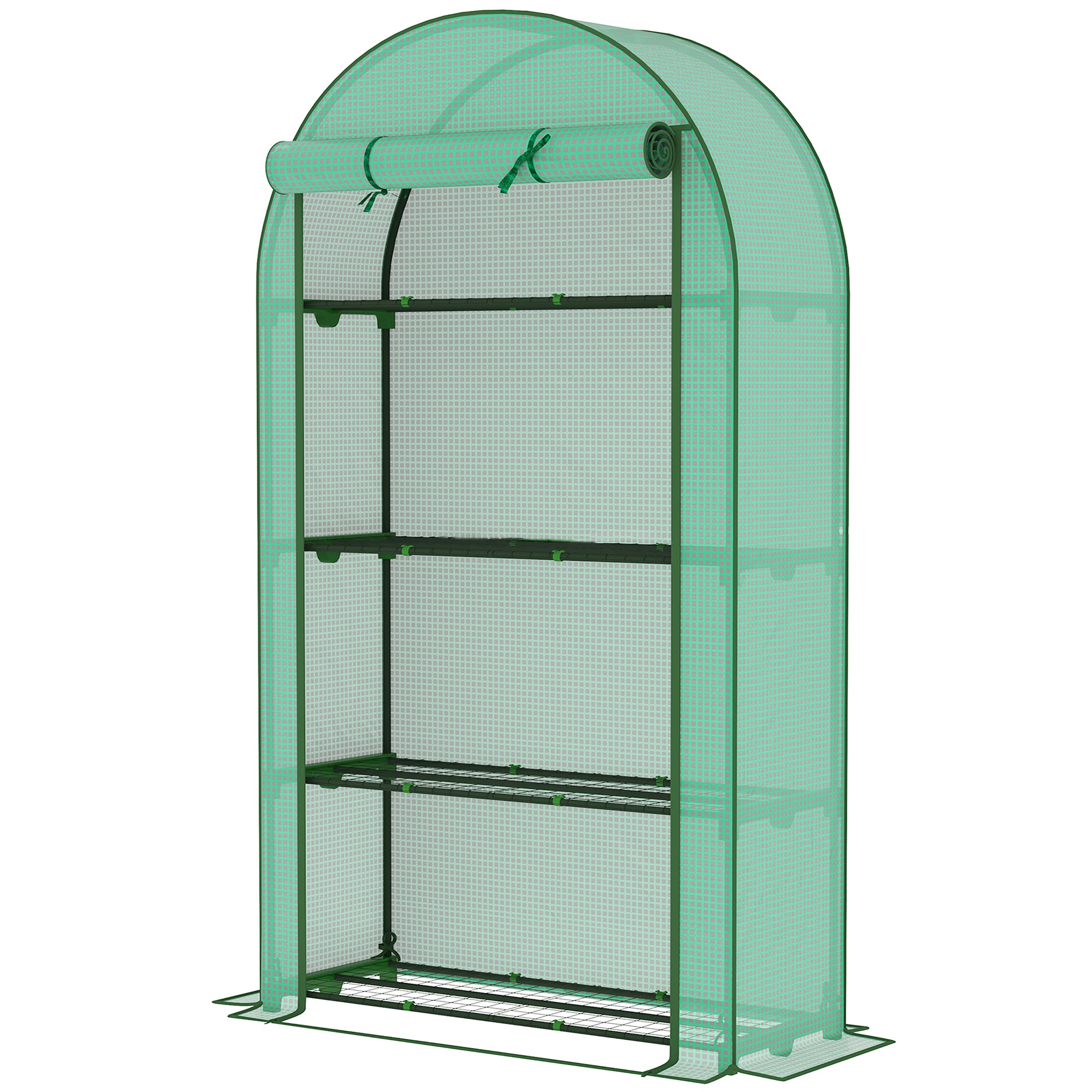 Mini Greenhouse, Portable Greenhouse with 4 Tier Shelves, Roll-Up Door, and Plastic Cover, 41.3" x 17.7" x 63", Green