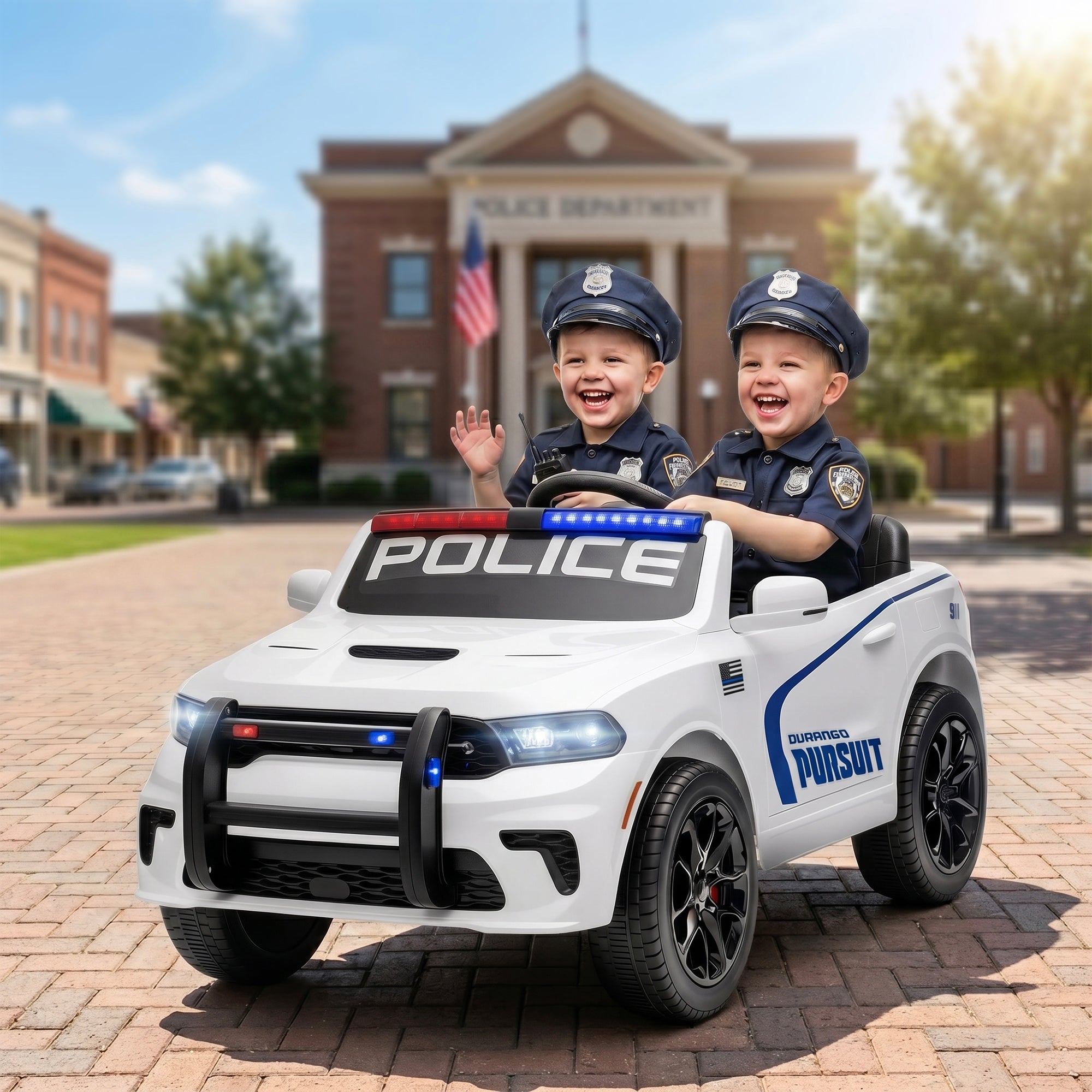 Licensed Ride On Police Car for Kids with 2 Seater, Remote, Suspension, Flashing Lights, Siren for Ages 3-6, White