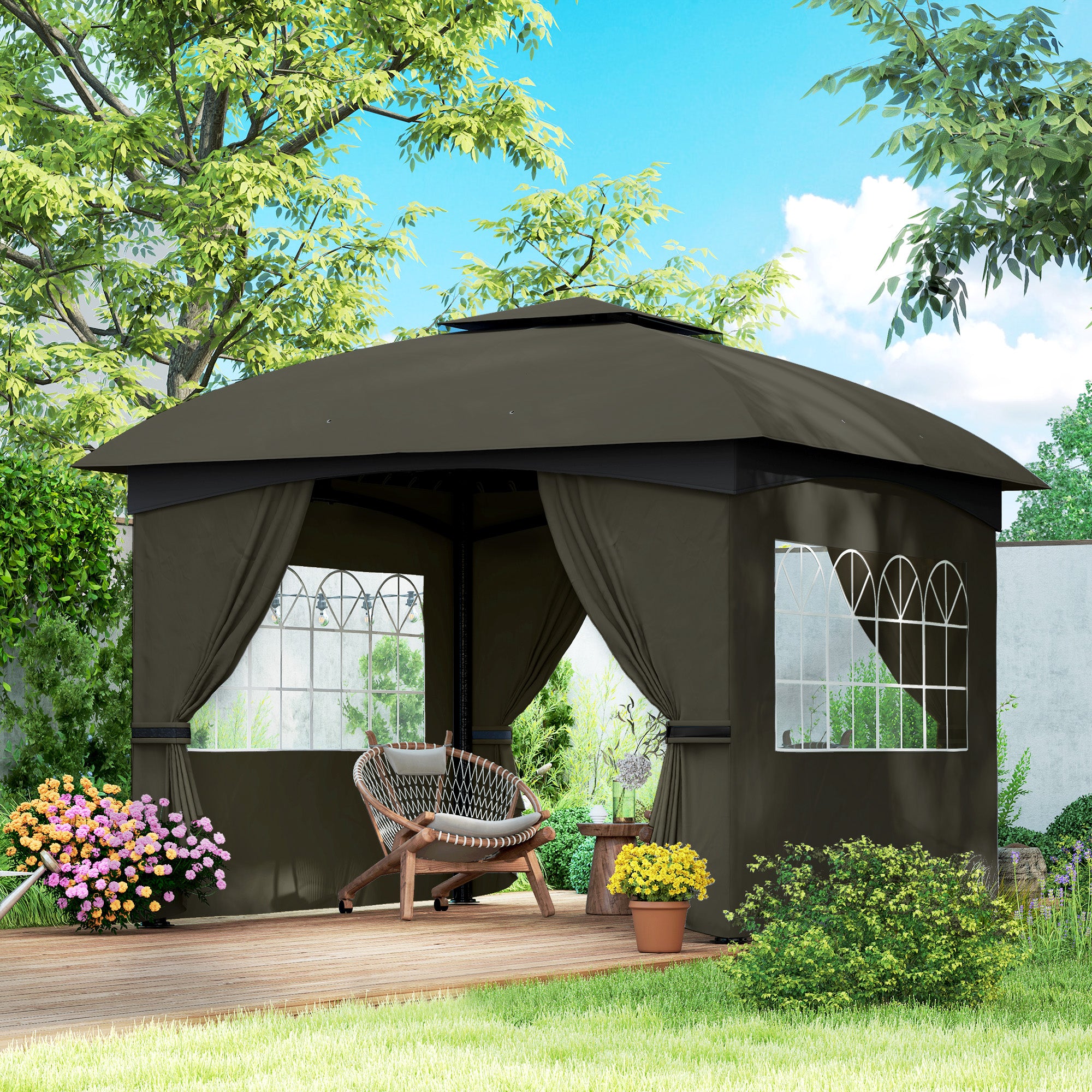 11' x 11' Outdoor Gazebo, Double Roof Patio Gazebo with Curtains, Church Windows, Galvanized Steel Frame, Dark Gray
