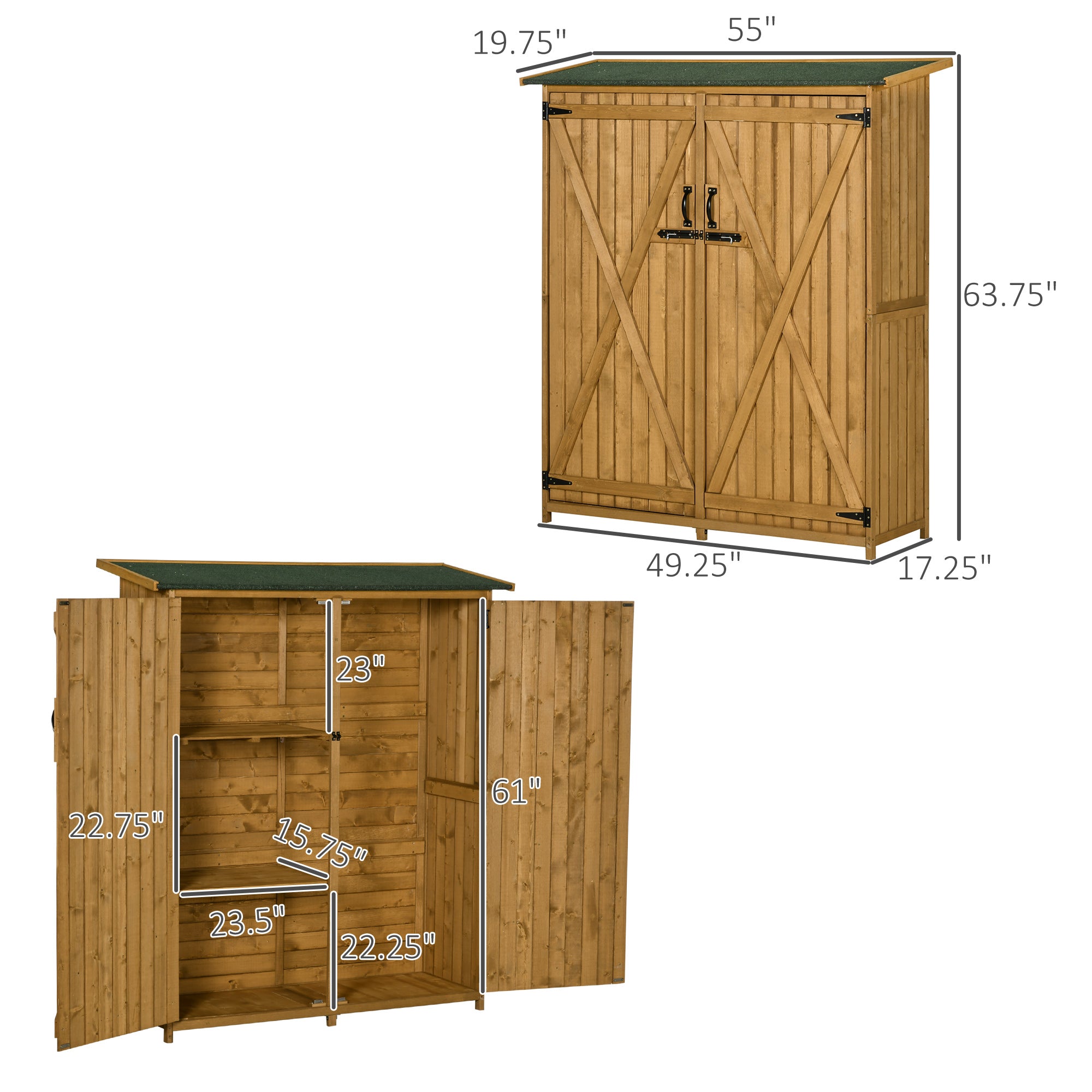 Outdoor Storage Cabinet Wooden Garden Shed Utility Tool Organizer with Waterproof Asphalt Rood, Lockable Doors, 3 Tier Shelves for Lawn, Backyard, Natural