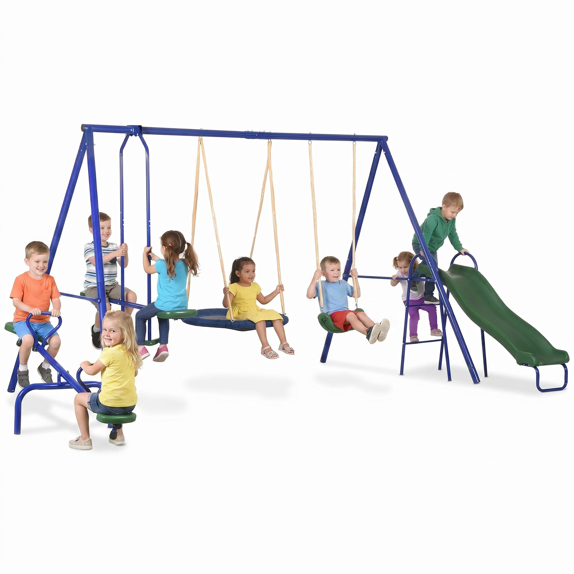 693 lbs Metal Swing Set for Kids, 5 in 1 Outdoor Playset with Heavy Duty A-Frame Stand, 29.5" Saucer Swing, Slide, Teeter-Totter, Glider, for Backyard, Blue
