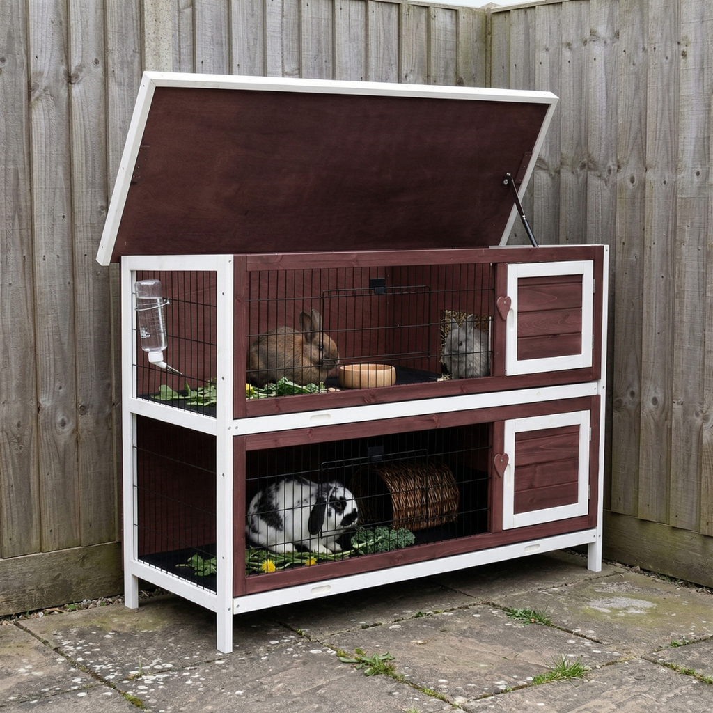 54" 2-Story Weatherproof Stackable Elevated Wooden Rabbit Hutch with Enclosed Run and Pull-Out Trays