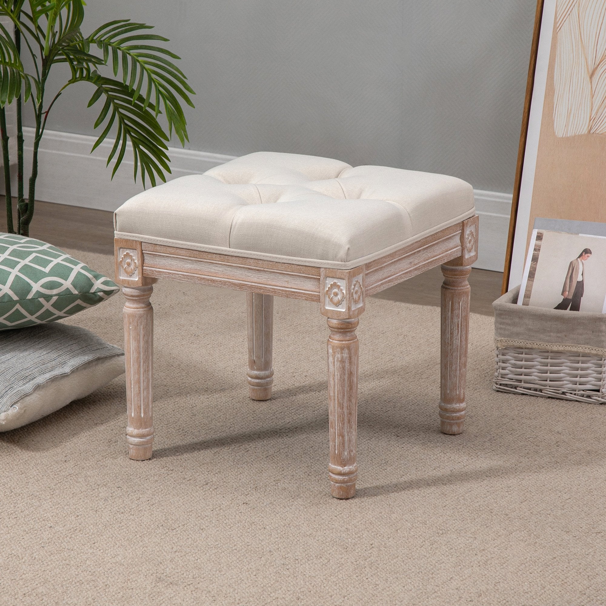 Ottoman Bench Vintage Footrest w/ Button Tufted Seat, Carved Wooden Legs, Beige