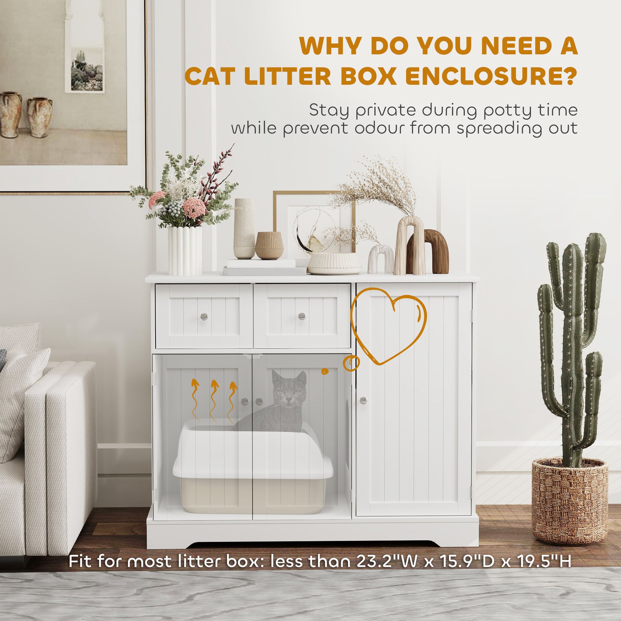 Cat Litter Box Enclosure with Drawers, Storage, Anti-tip Kit, 39" x 18" x 31.5", White