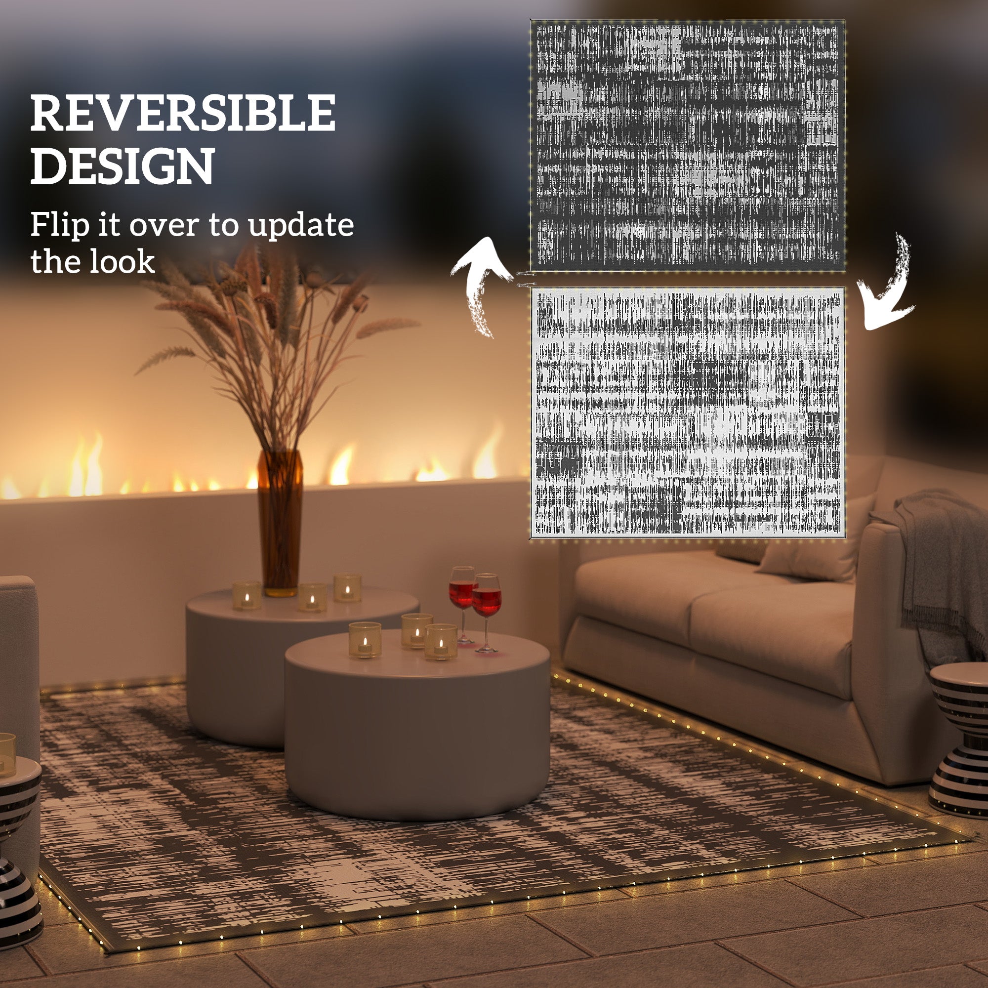 Reversible Outdoor Rug Carpet with LED Lights, Carry Bag & Ground Stakes for Backyard, Deck, Picnic, Beach, 10' x 8'
