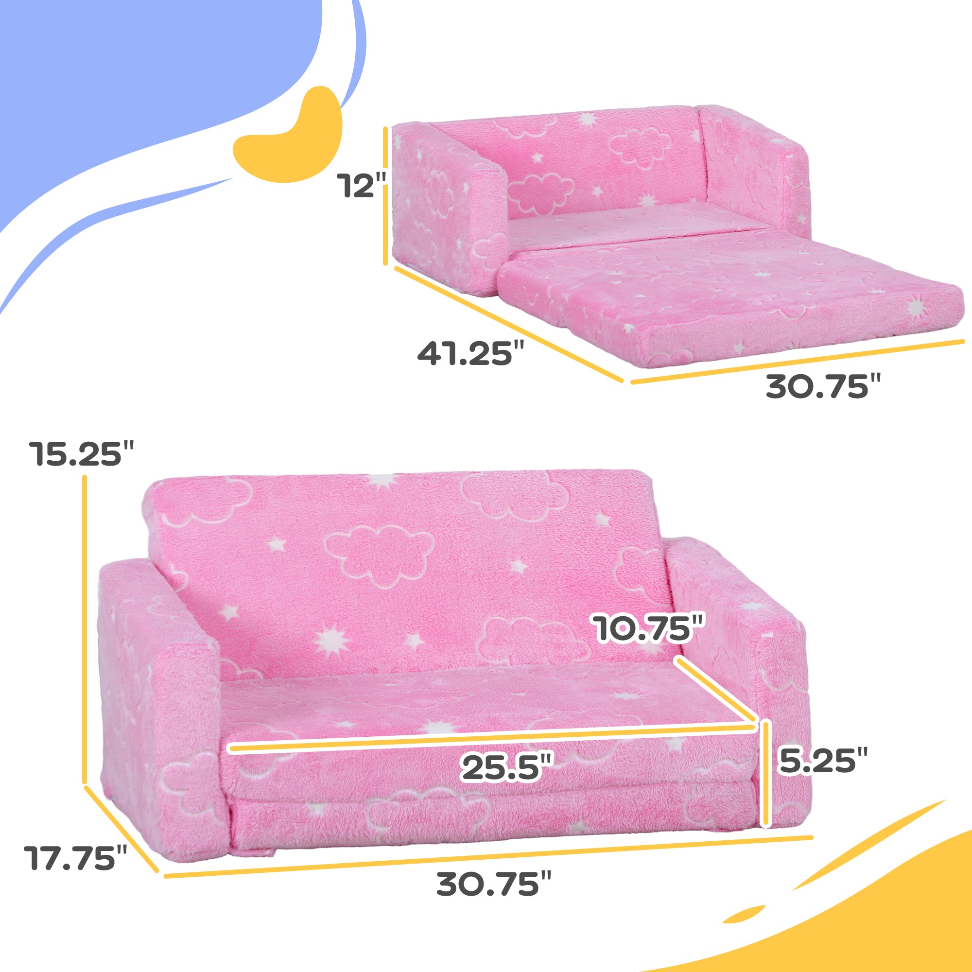 Couch with Glow in the Dark Cloud Pattern, Washable Cover, Pink