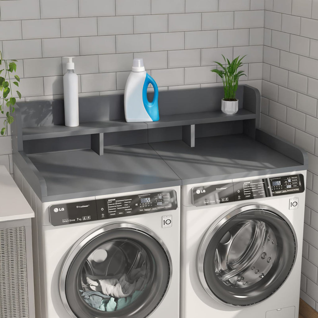 Practical Washer Dryer Countertop with Non-slip Pads, Wood Shelf Topper with Edge, Double Layer Organizer, 54" L x 27.5" W x 12" H, Grey