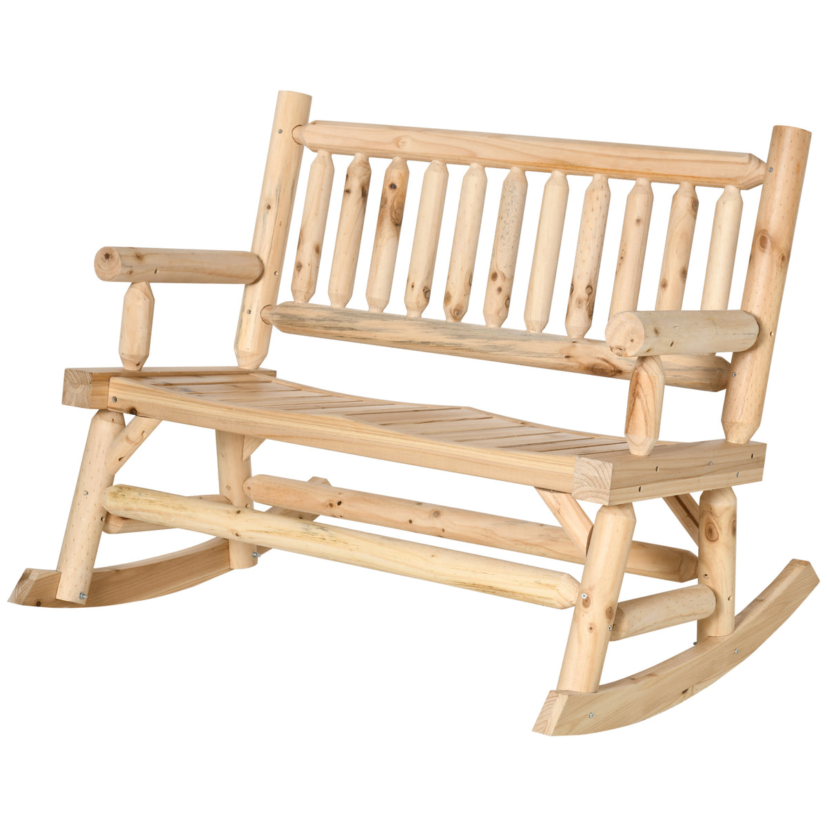 2-Person Wood Rocking Chair with Log Design, Heavy Duty Loveseat with Wide Curved Seats for Patio, Backyard, Garden, Natural