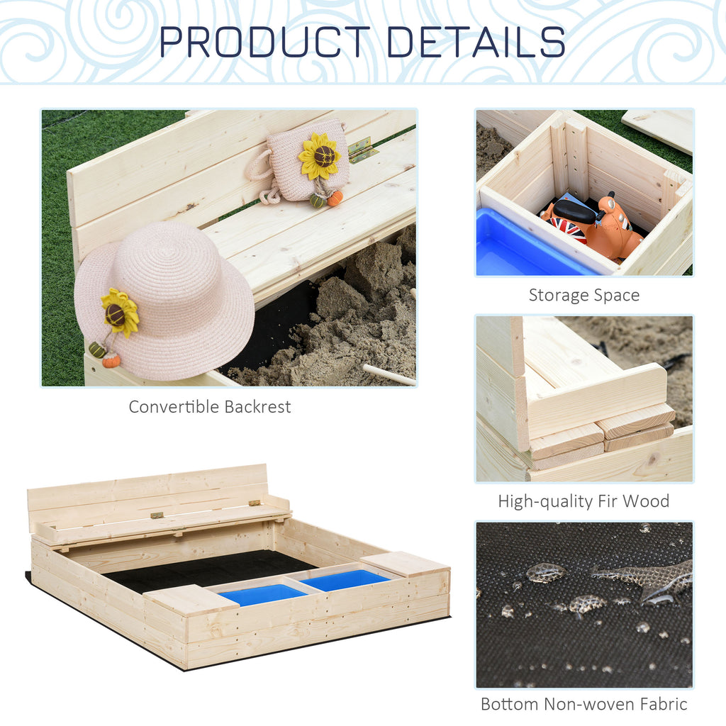Kids Wooden Sandbox w/ Two Plastic Boxes Foldable Bench Seat Waterproof Cover Bottom Liner Storage Space