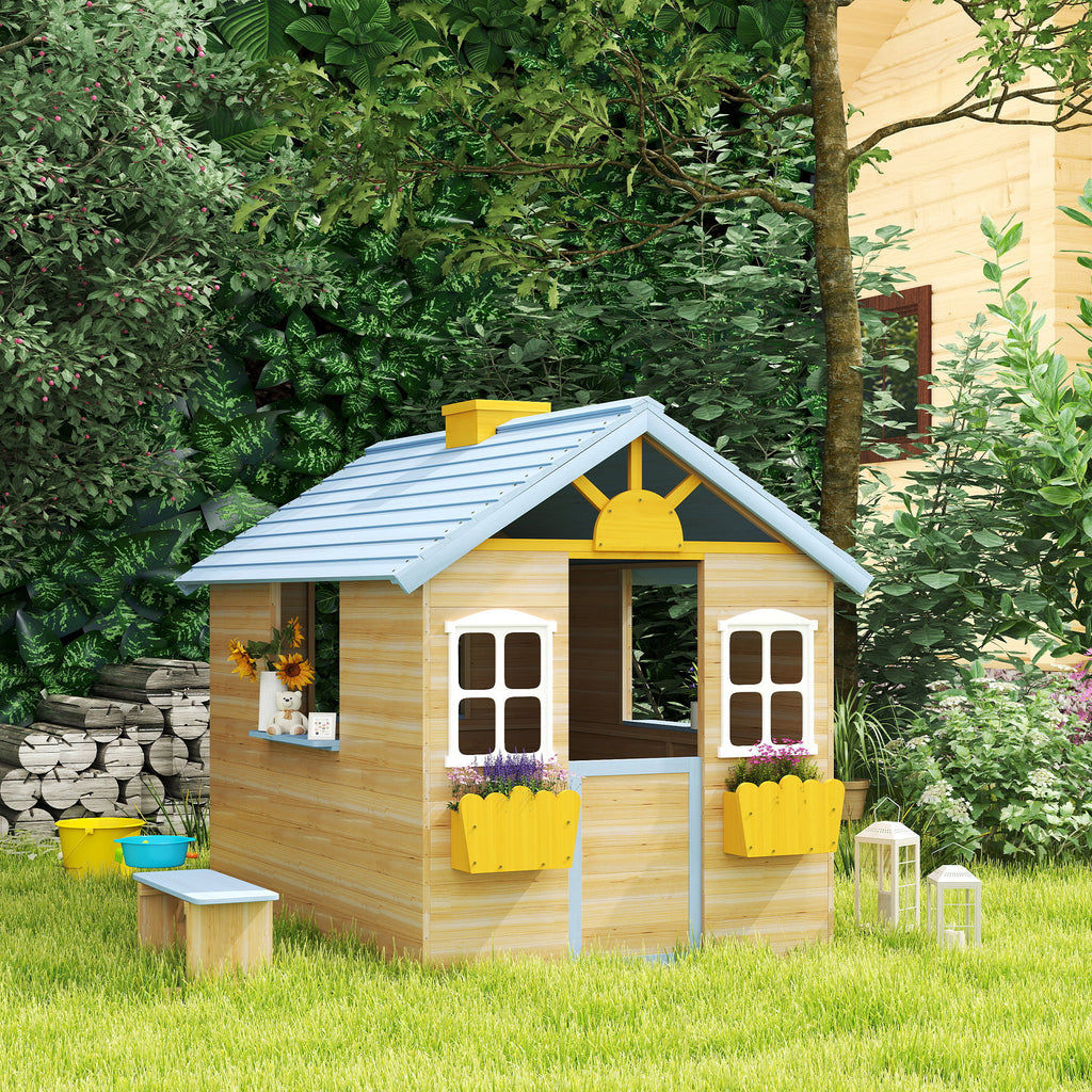 Wooden Playhouse for Kids Outdoor Garden with Working Door, Windows, Bench, Service Station, Flowers Pot Holder, Blue