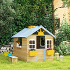 Wooden Playhouse for Kids Outdoor Garden with Working Door, Windows, Bench, Service Station, Flowers Pot Holder, Blue