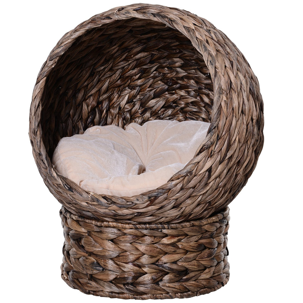 Handwoven Elevated Cat Bed with Rotating Basket and Soft Cushion, Wicker Cat Egg Chair with Stand, Brown