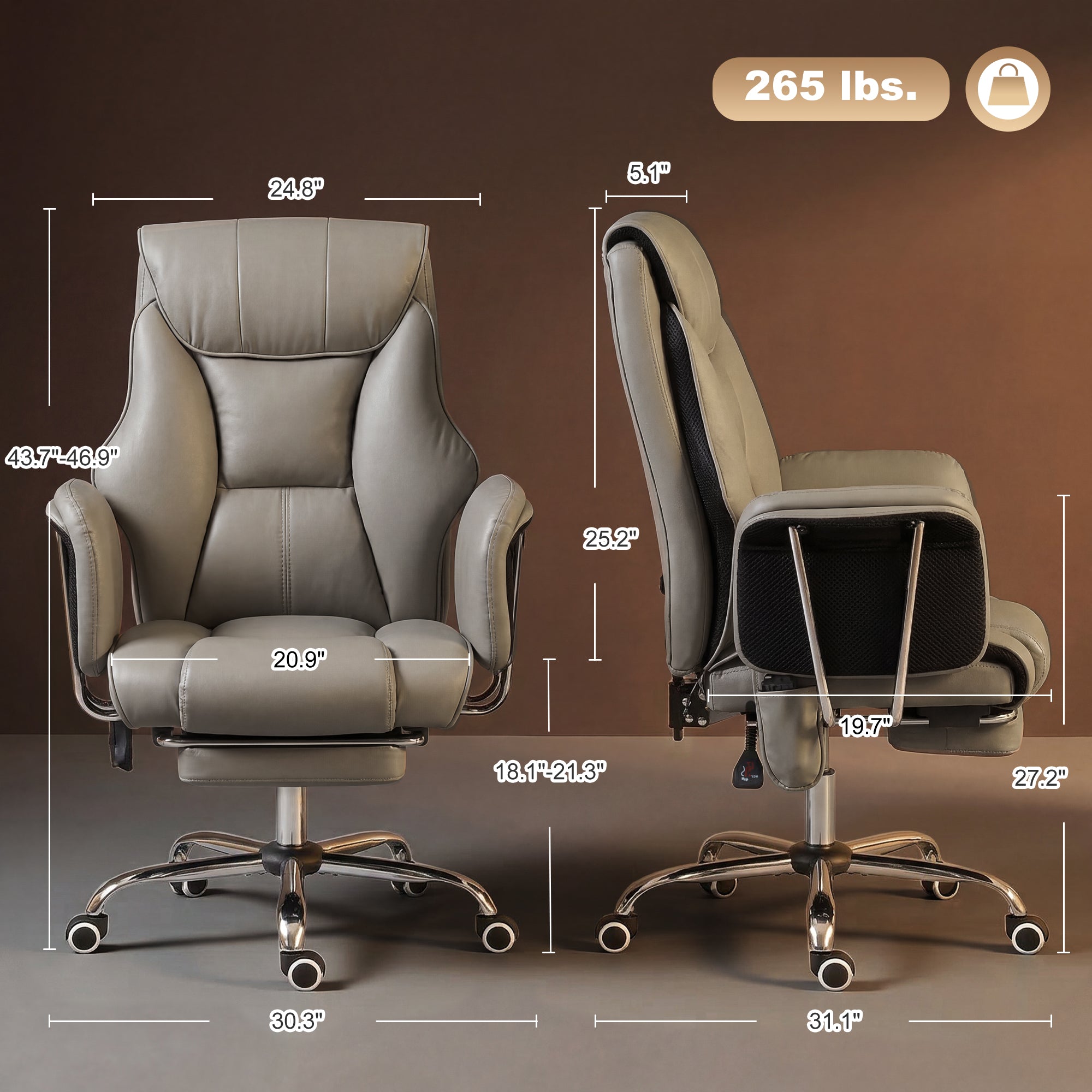 Massage Office Chair with 6 Points Vibration, Executive Desk Chair with High Back, PU Leather, Footrest, Gray